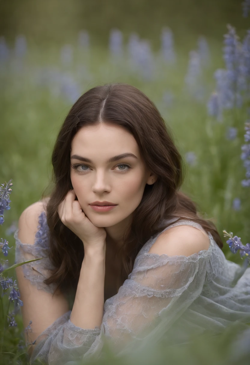 a woman laying in a field of bluebells, looks like young liv tyler, portrait emily ratajkowski, “megan fox, beautifull eyes, beautiful caitriona balfe, david hamilton, :: madison beer, forest plains of yorkshire, cottage hippie naturalist, seducing eyes