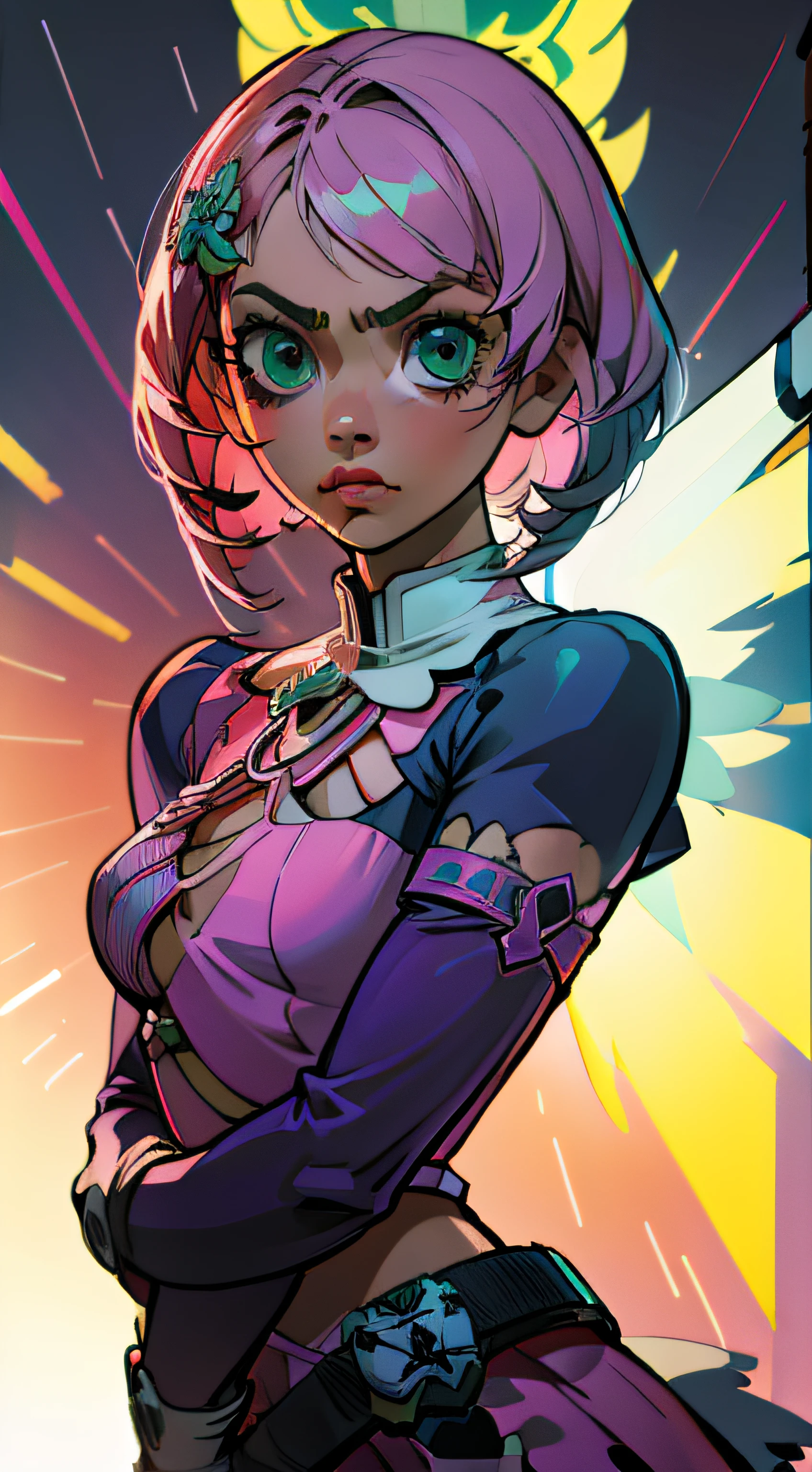 Alisa Rosto  bonito, Perfect green symmetrical eyes, cabelo curto rosa multicor, mechanical wings, tekken