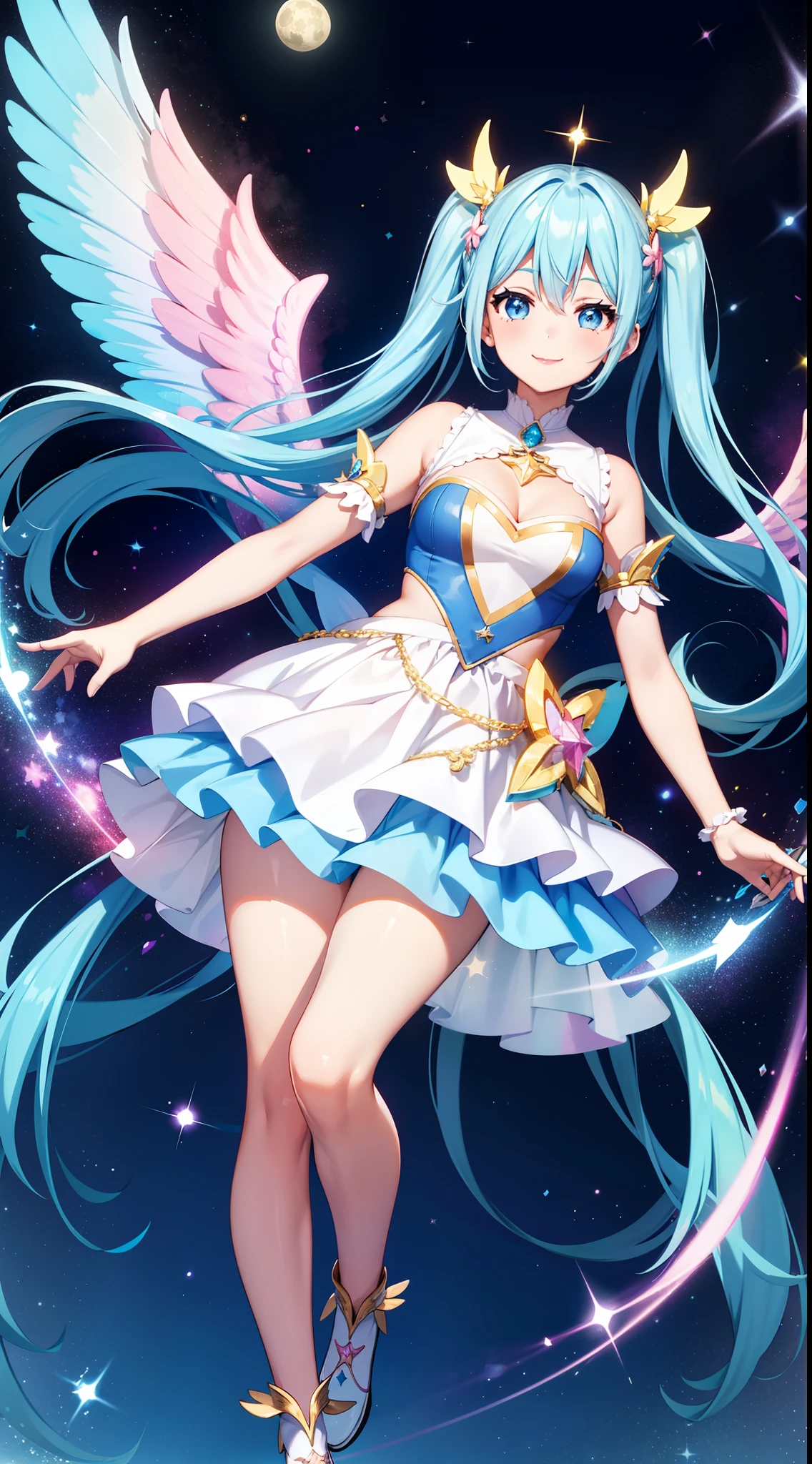 Super Idol　a beauty girl　A charming smile　sky blue hair　length hair　Twin-tailed　Glittery bright pink and white and blue and yellow outfit　facing front　Angel wings on background　cart　Mystical　Fantasia　constellation　a moon　Crystal Brilliance　Aurora Borealis in the Night Sky