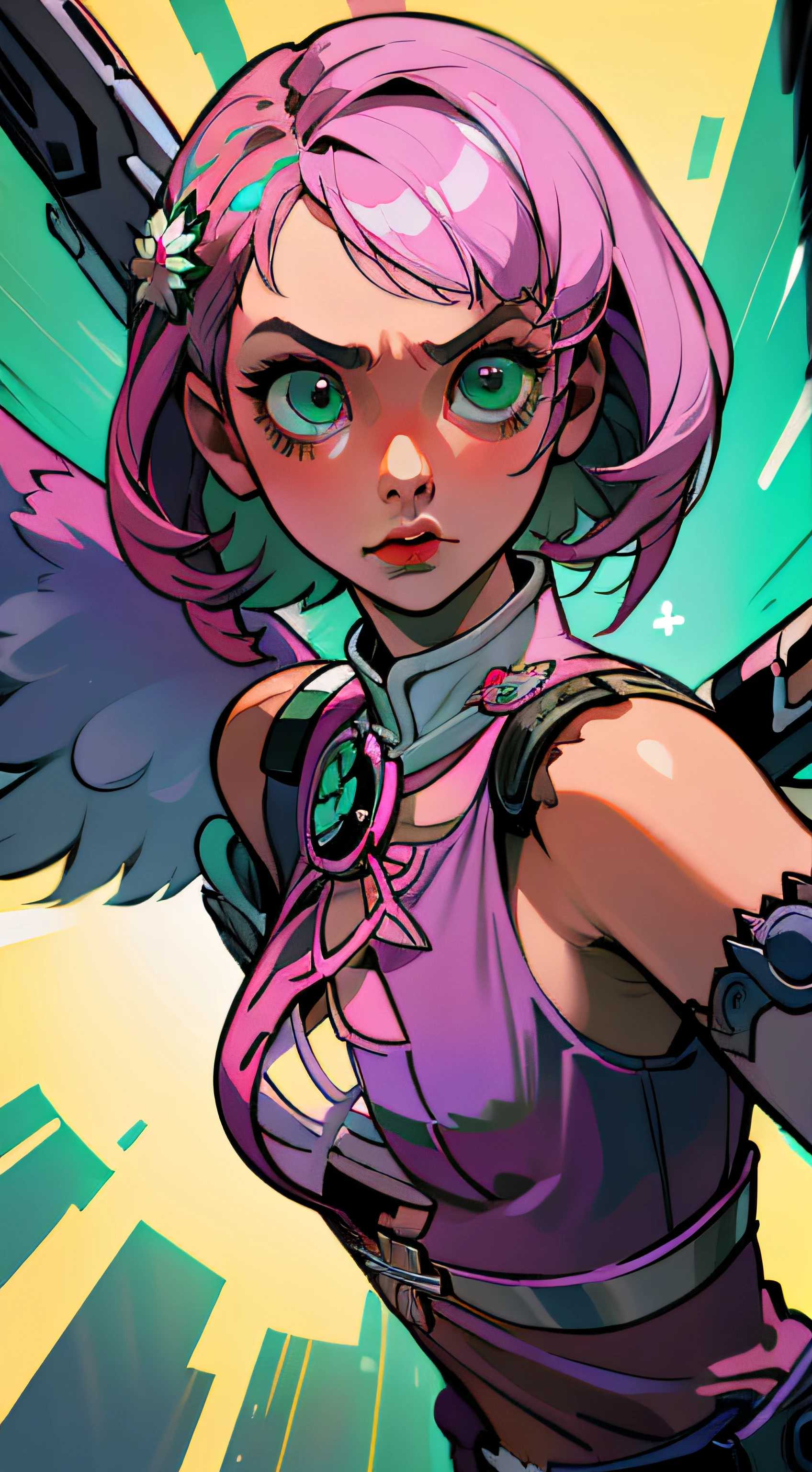 Alisa Rosto  bonito, Perfect green symmetrical eyes, cabelo curto rosa multicor, mechanical wings, tekken