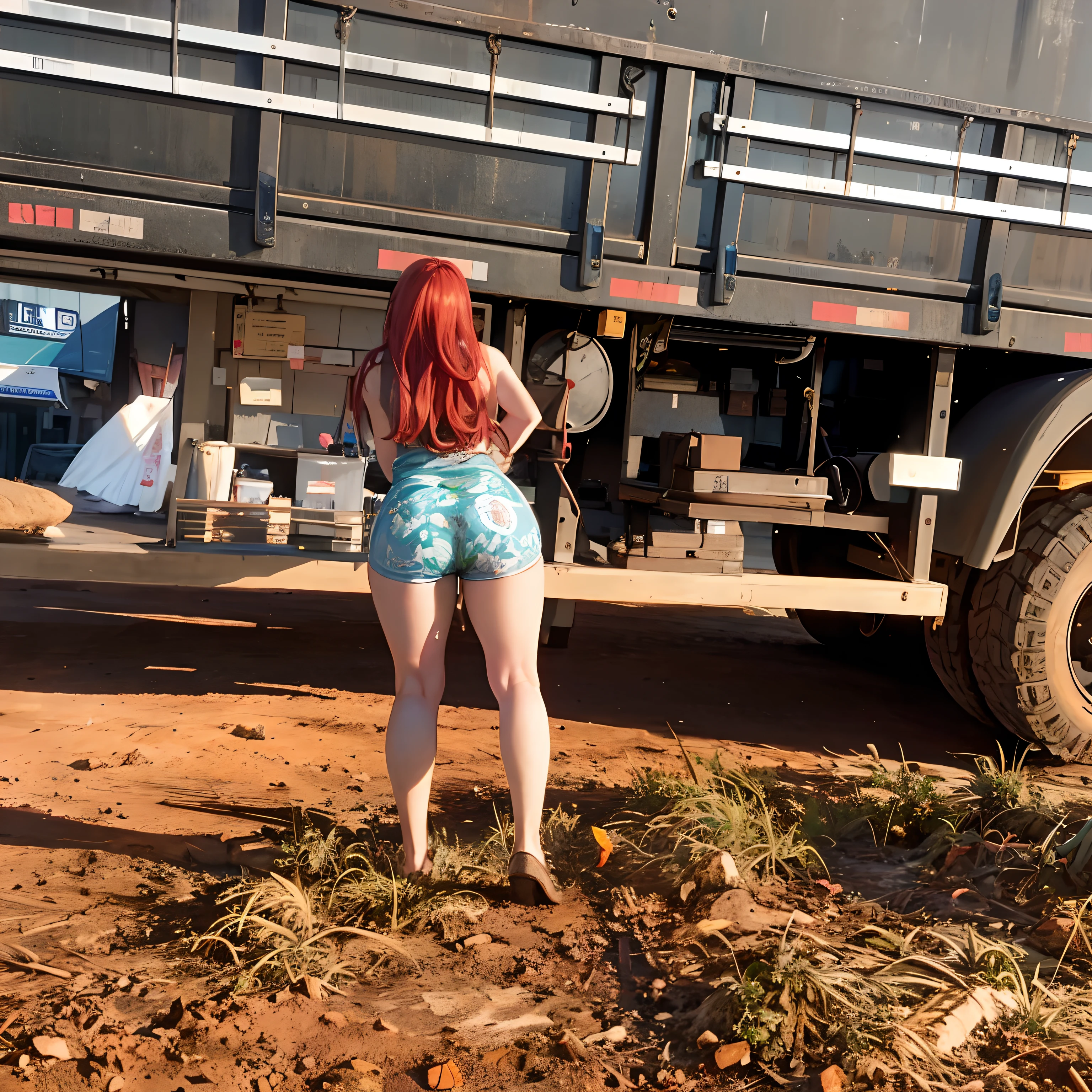 There is a woman standing in front of a truck with a dog, vestindo roupas de fazenda, malhar no campo, photo still of behind view, pawg, Amouranth, cena impressionante, coxas expostas!!!, drunk cowboy redhead long hair, mais conhecido como Amouranth, uhd candid photo of dirty, em uma fazenda, Out on the ground, no set