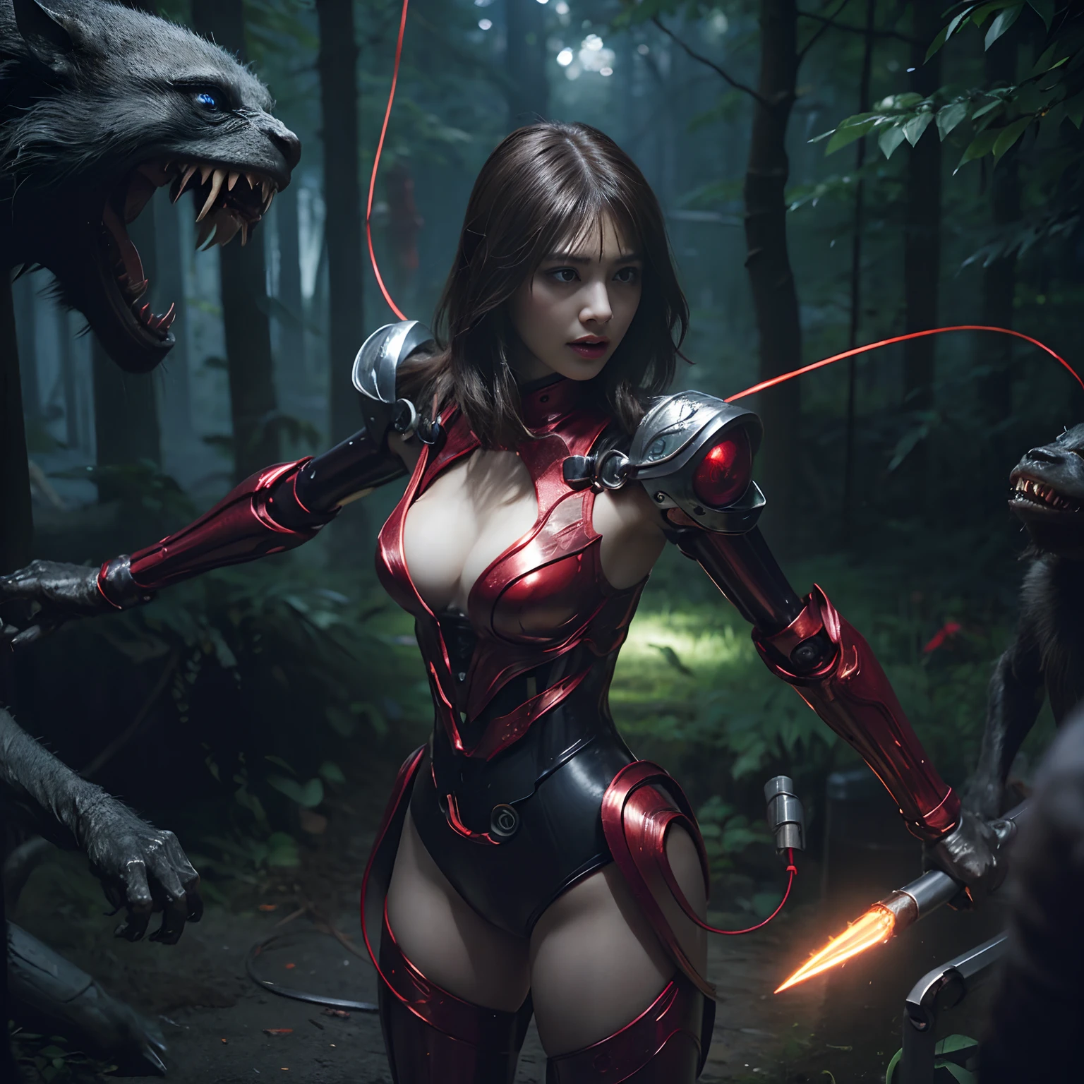 (1 Mechanical Girl)、top-quality、masterpiece、超A high resolution、(Photorealsitic:1.4)、Raw photo、女の子1人、Fight mutants、glowy skin、(((1 Mechanical Girl)))、With a beautiful knife、(Yellow Metal Bodysuit)、(Kobold、ogre、Fierce battle with orcs),(Fight fiercely against aliens)、Fight fiercely、(beautiful forest background)、(Fighting Demonic Beasts)、(Small LED)、((super realistic details))、portlate、(Strong giant demon beast background),globalillumination、Shadow、octan render、8K、ultrasharp、Colossal tits、Raw skin is exposed in cleavage、metals、Details of complex ornaments、Japan details、highly intricate detail、Realistic light、(Mystical expression),CGSoation Trends、Red Eyes、radiant eyes、Facing the camera、neon details、(Mechanical limbs)、(blood vessels connected to tubes)、Mechanical vertebrae attached to the back、mechanical cervical attaching to neck、(Wires and cables connecting to the head)、Gundam、Small LED、,Mechanical thighs、Toostock、(Hands are also made of machines)、(Attack of the Monster Beasts)、(Wounded in a deadly battle)、