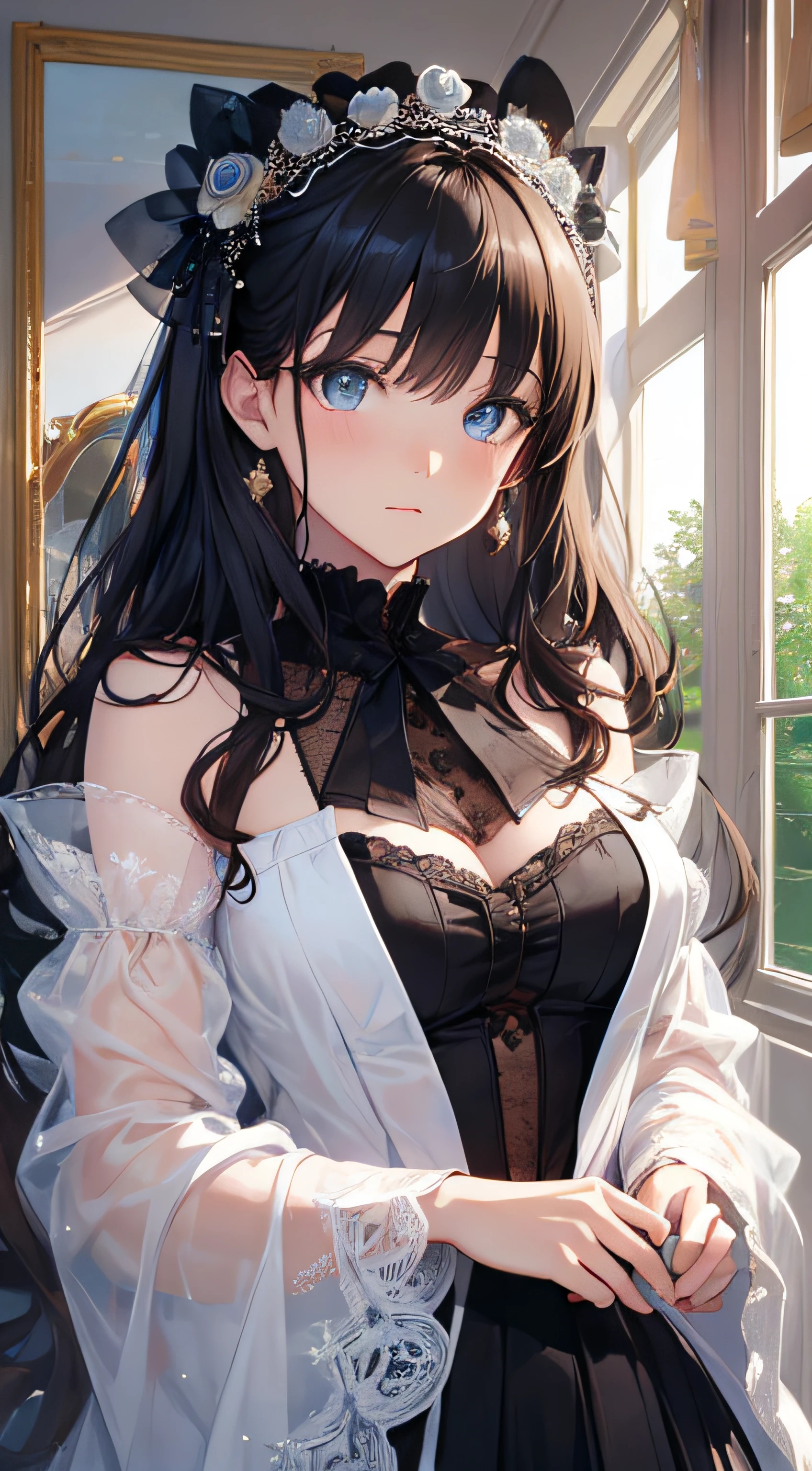 masterpiece, highest quality, High resolution, SA1, Floral off-the-shoulder dress, black stockings, Sparkly eyes, false eyelashes, twin tails, Cute atmosphere,