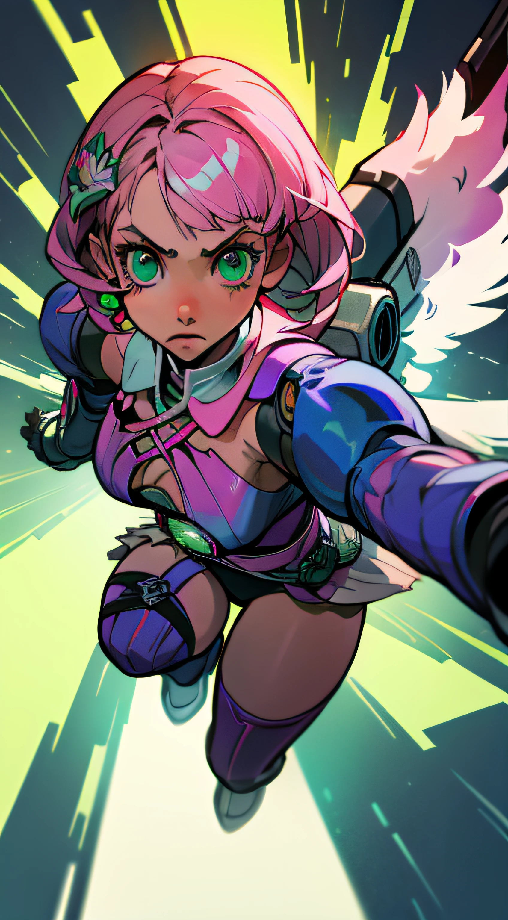 Alisa Rosto bonito, Perfect green symmetrical eyes, cabelo curto rosa multicor, mechanical wings, tekken