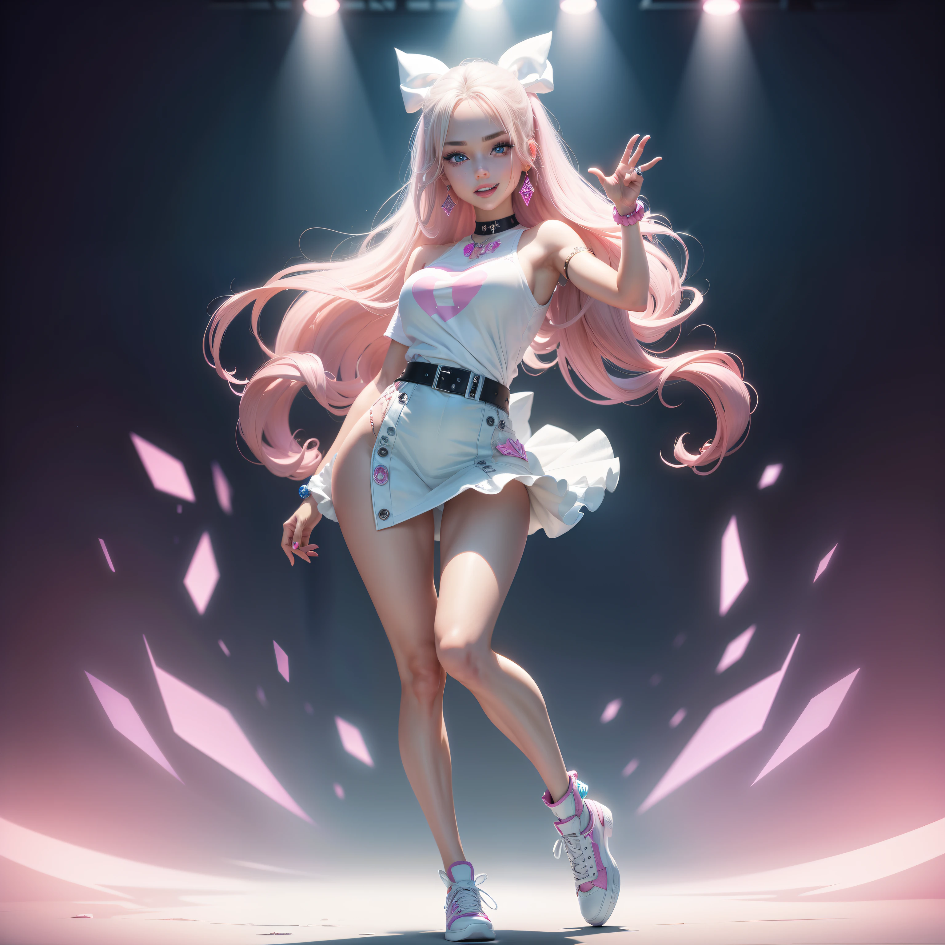 One Barbie, ((Full body)),8th class, Blue eyes, Smiling face, Hair loss swaying in the wind, Hip Hop Singer Pose, Dressed in hip-hop style, Wear a white T-shirt,swarovski,pasties,With a pink bow on the arm, Fashion, Extremely high quality, high details, 8K, clean back ground, in studio, ((Full body shot)),Align your fingers neatly,Accurate Hand Modeling,wave her hand,