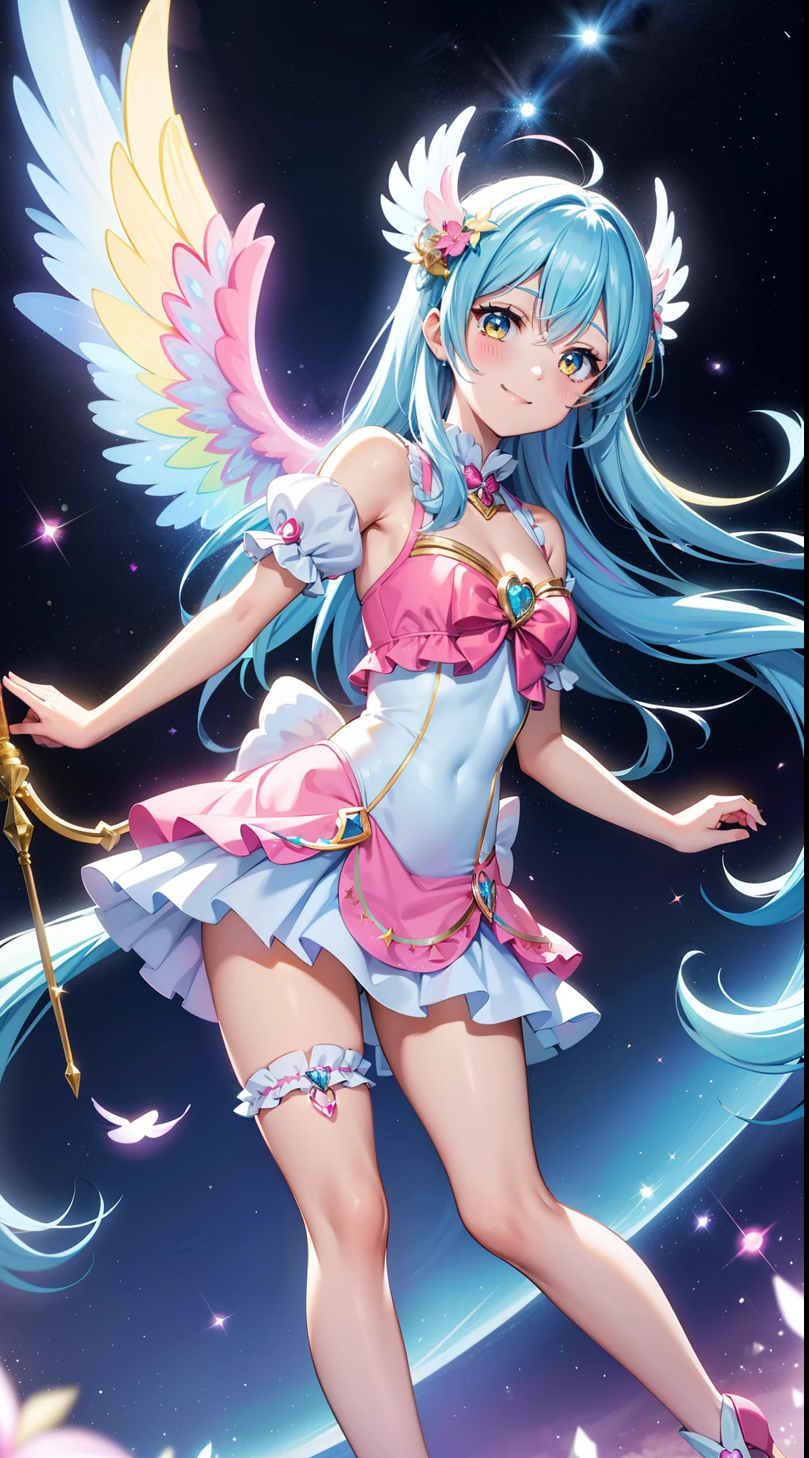 Super Idol a beauty girl A charming smile sky blue hair length hair Twin-tailed Glittery bright pink and white and blue and yellow outfit facing front Angel wings on background cart Mystical Fantasia constellation a moon Crystal Brilliance Aurora Borealis in the Night Sky