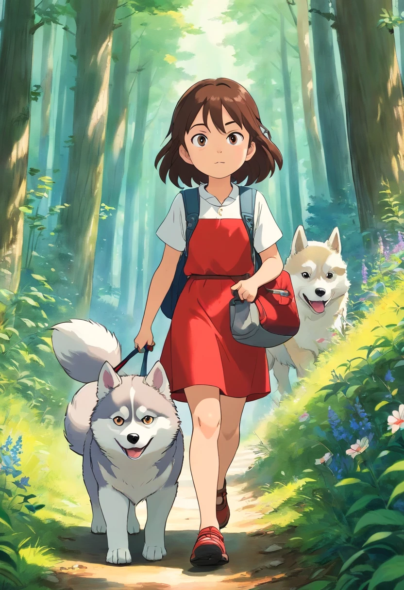 A 6--old l carrying a hiking bag,Wearing a white top,short red dress, Leading a husky on a forest path, Face the lens,, wildflowers, Far Mountain, the woods
