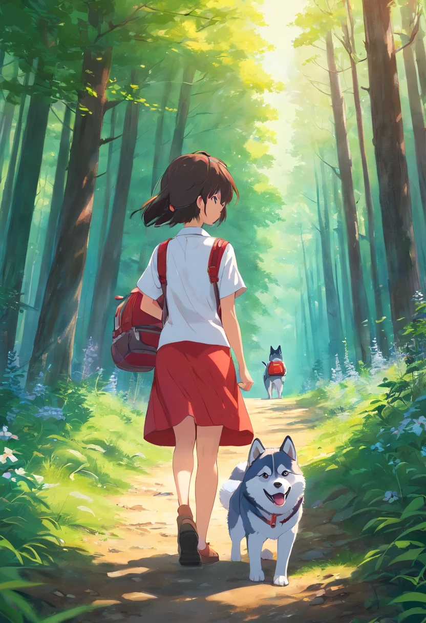 A 6-year-old girl carrying a hiking bag,Wearing a white top,short red dress, Leading a husky on a forest path, Face the lens,, wildflowers, Far Mountain, the woods