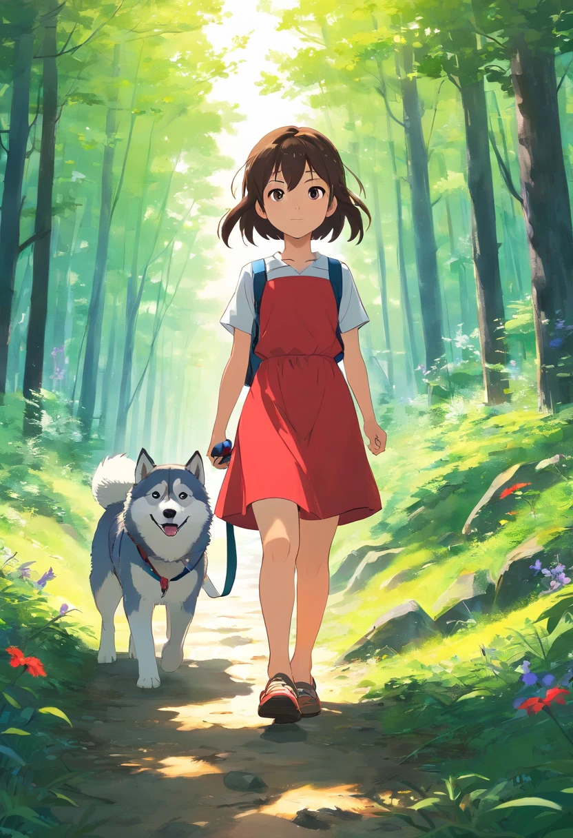 A 6--old l carrying a hiking bag,Wearing a white top,short red dress, Leading a husky on a forest path, Face the lens,, wildflowers, Far Mountain, the woods