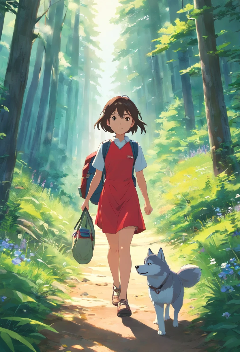 A 6--old l carrying a hiking bag,Wearing a white top,short red dress, Leading a husky on a forest path, Face the lens,, wildflowers, Far Mountain, the woods