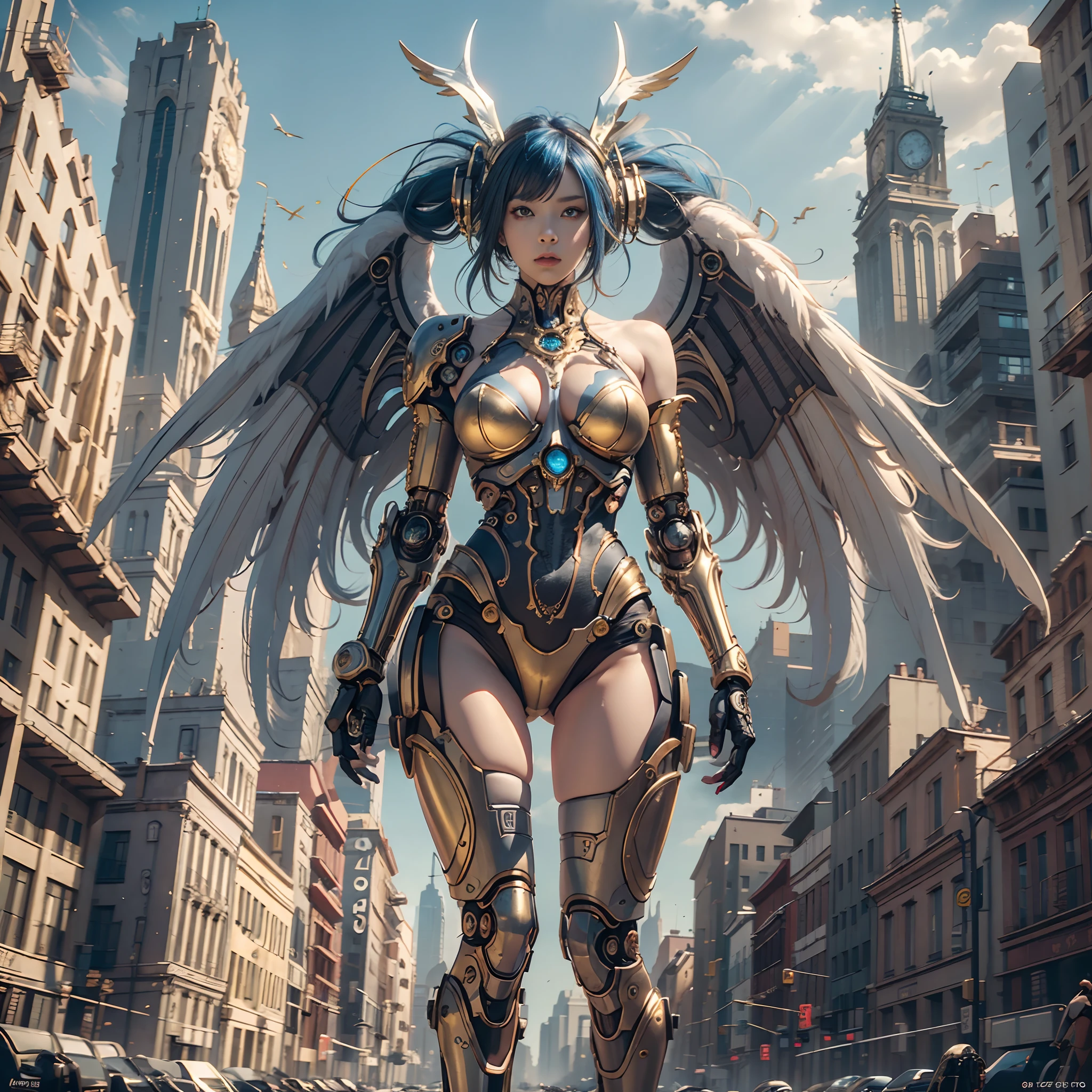 wide wide shot，(Best quality,Masterpiece:1.2),(A cyborg),（独奏：1.3）,Rabbit ears，Colored hair，(She has a pair of huge feathered wings behind her shoulders),gold,perfectly proportions,(Metal mechanical limbs),(Footwear),Slim,Shiny metal。(Facing the lens，Central symmetry)，standing on your feet，(futuristic street)，Vibrant colors,The lighting is dramatic, Bright areas contrast strongly with deep shadows, creating a sense of depth and dimension. The overall composition is vibrant and captivating, Grace, There is also a touch of mystery.