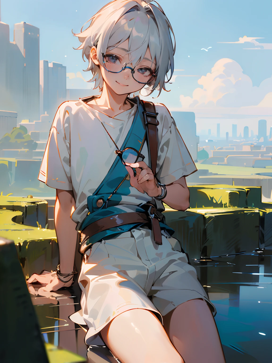 (Male child, eye glasses,A smile, silber hair),(((​masterpiece)))、(((top-quality)))、((ultra-definition))、(High Definition CG Illustration)、((extremely delicate and beautiful)) ，dreamlike landscape