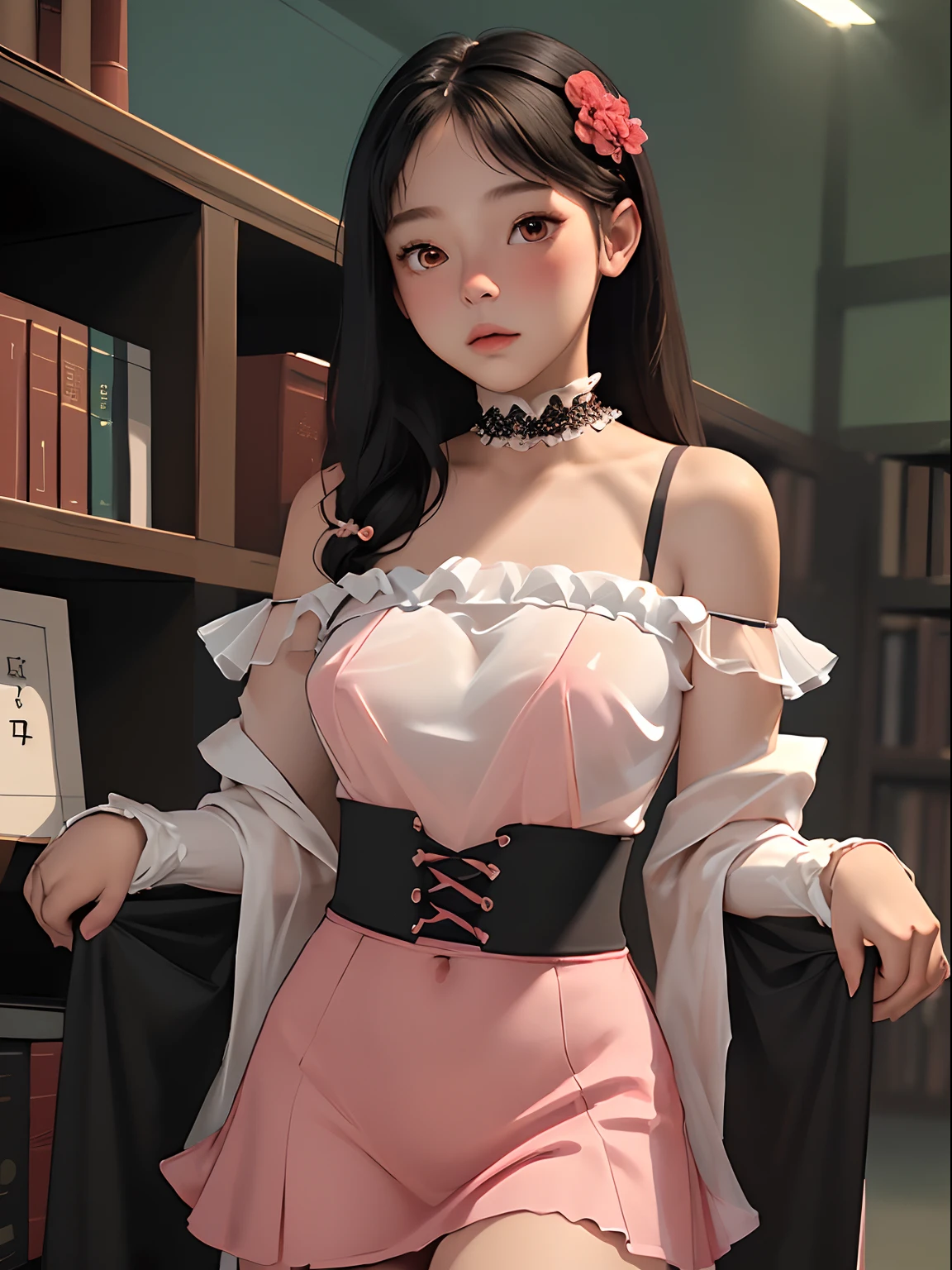 (top-quality、masterpiece), 1girl in, intricate detailes, off shoulders, skirt by the, a choker, frilld, see -through, look at viewr, red blush, The upper part of the body, blurry backround, Contrapo、atlibrary、big breast beauty