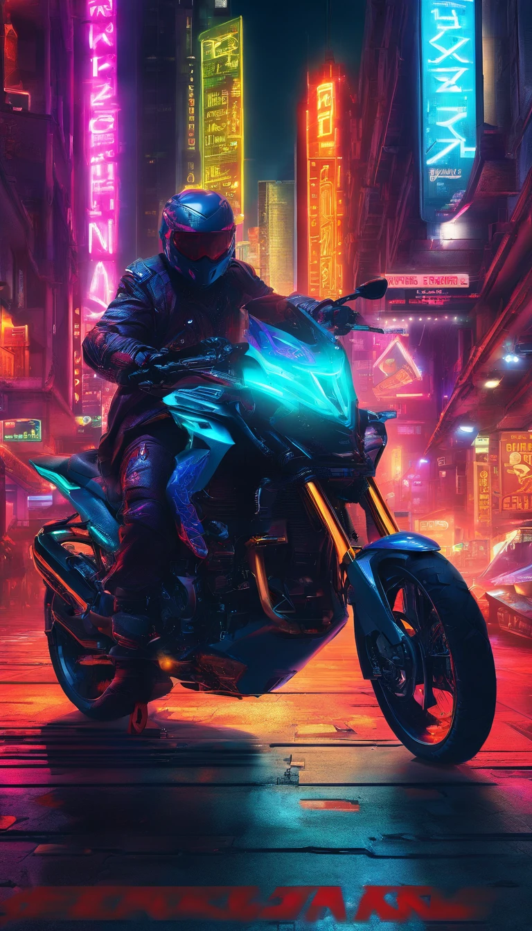Motorrad im Cyberpunk-Stil, farbig in Schwarz und Neon, mit komplizierten und komplexen mechanischen Strukturen mit leuchtenden Teilen. Einfacher Hintergrund, Beleuchtungsstil: street light. Fancy words: Stark, glatt, futuristisch, Exponiertes Chassis, Mischen von Lichtzyklen