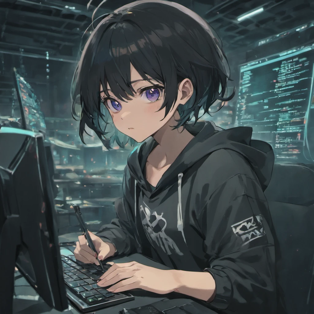 Glasses, Hooded, Short Black Hair, Black Eyes, Using a computer in a dark room and open the kali linux operating system on the computer screen, write codes in the terminal in kali linux, Cyber Security, Hacker, Man
