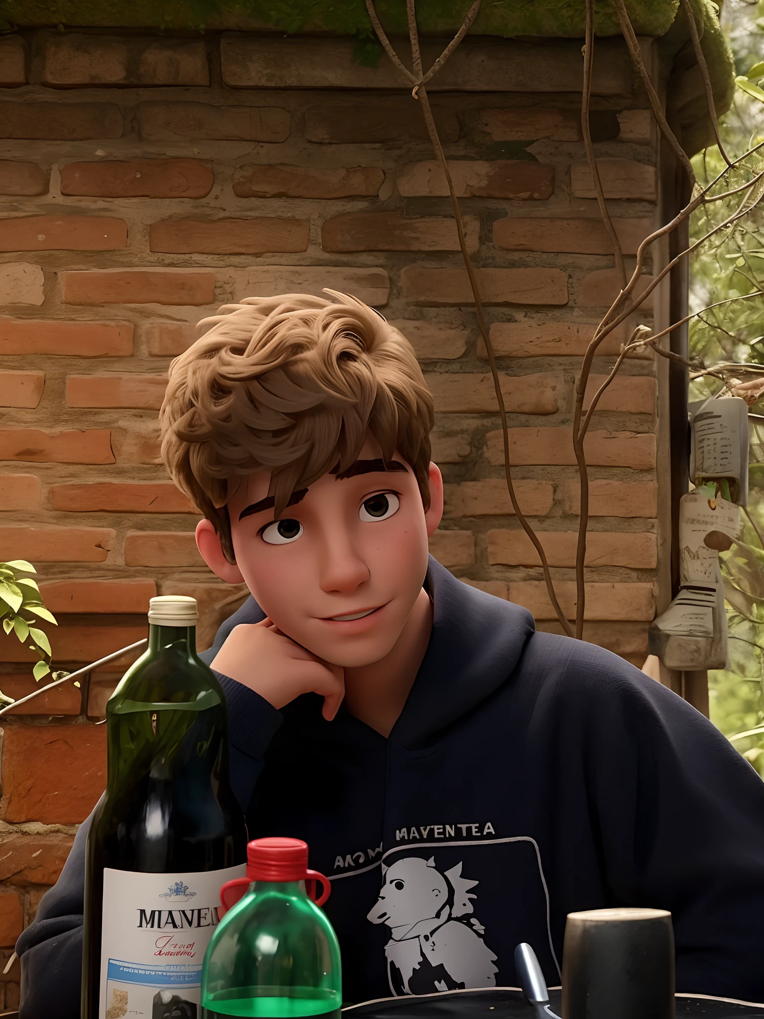 Boy sitting at a table with a bottle of wine and a bottle of water, 13 anos, tommy 1 6 anos de idade, taken in the early 2020s, taken in the late 2010s, tiradas no final dos anos 2000, potrait de corpo inteiro segurando garrafa, adolescente de cabelos ruivos