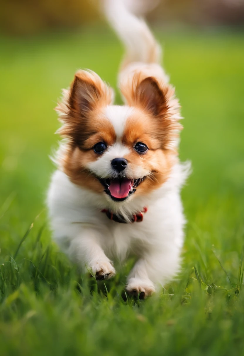 A small dog runs happily on the grass,Realisticstyle