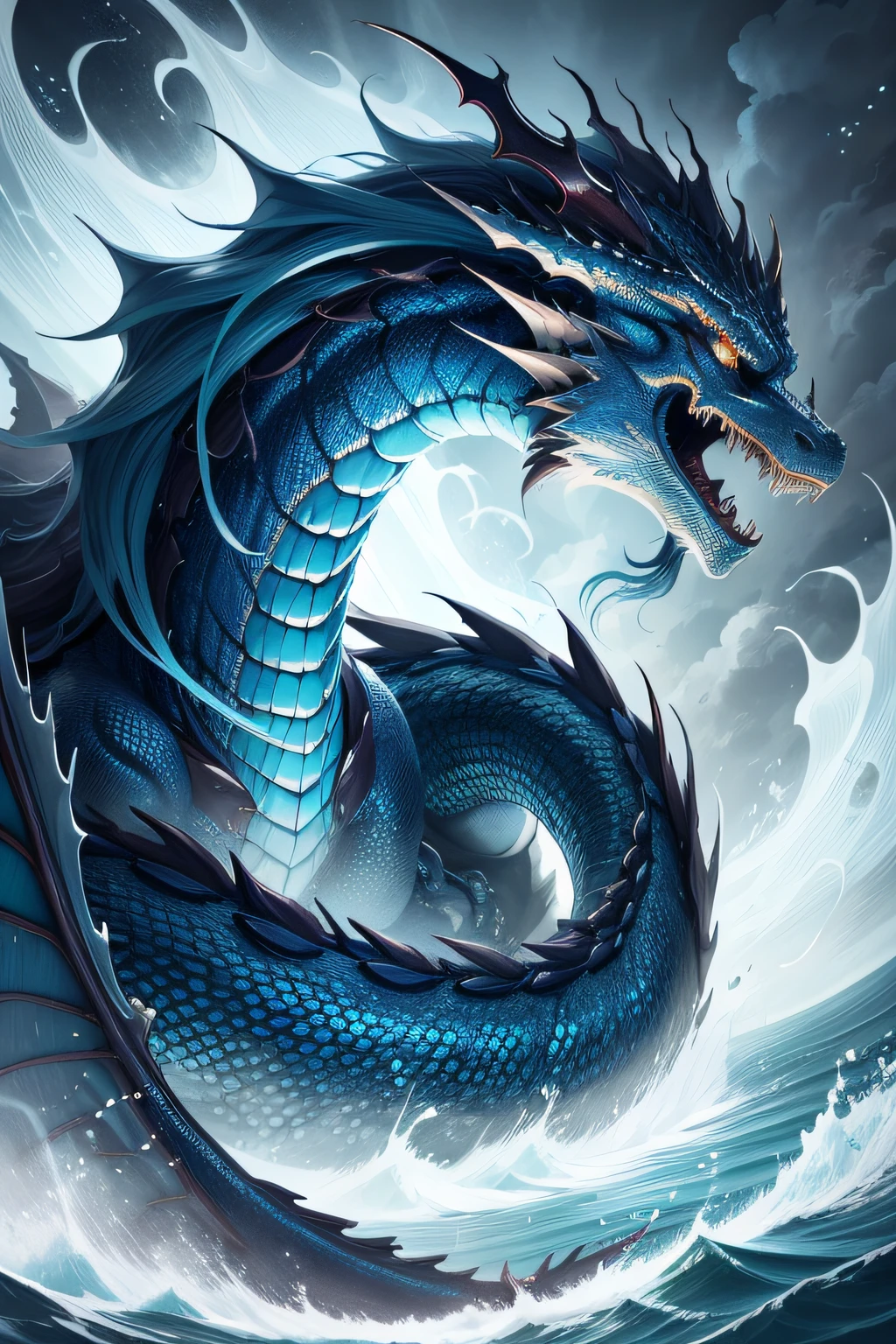 Hand drawn dragon artwork, bustshot,Crop Paper Effect[Samiksgaevk, Influence of traditional Chinese art, a mythical creature, fierce look, Flowing mane, Detailed scale, Vibrant colors, Dynamic Pose, Living in the deep sea,wingless,Complex pattern, Delicate paper texture, Blue and silver color scheme, Stunning shading, High contrast, intensegaze, 4K UHD resolution.