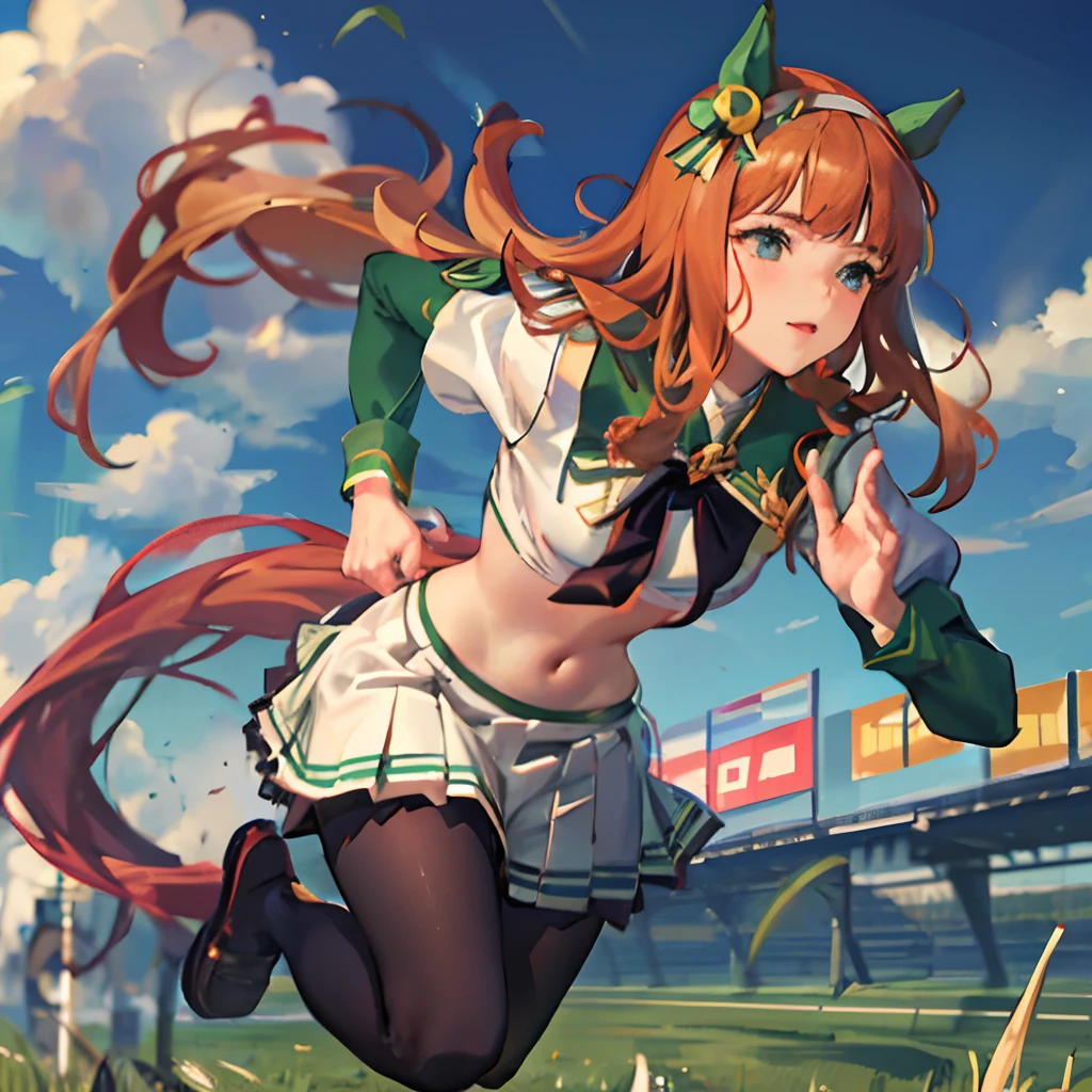 solo 1 girl (running at grass field), landscape, (too short miniskirt:1.2), (huge perky breasts:1.3), bouncing breasts, short torso, inconceivably thin waist, skirt lifted by wind, (thin long legs), nose blush, open mouth, (nsfw), heavy breathing, (orgasm:1.3), pussy juice trail, (screaming)