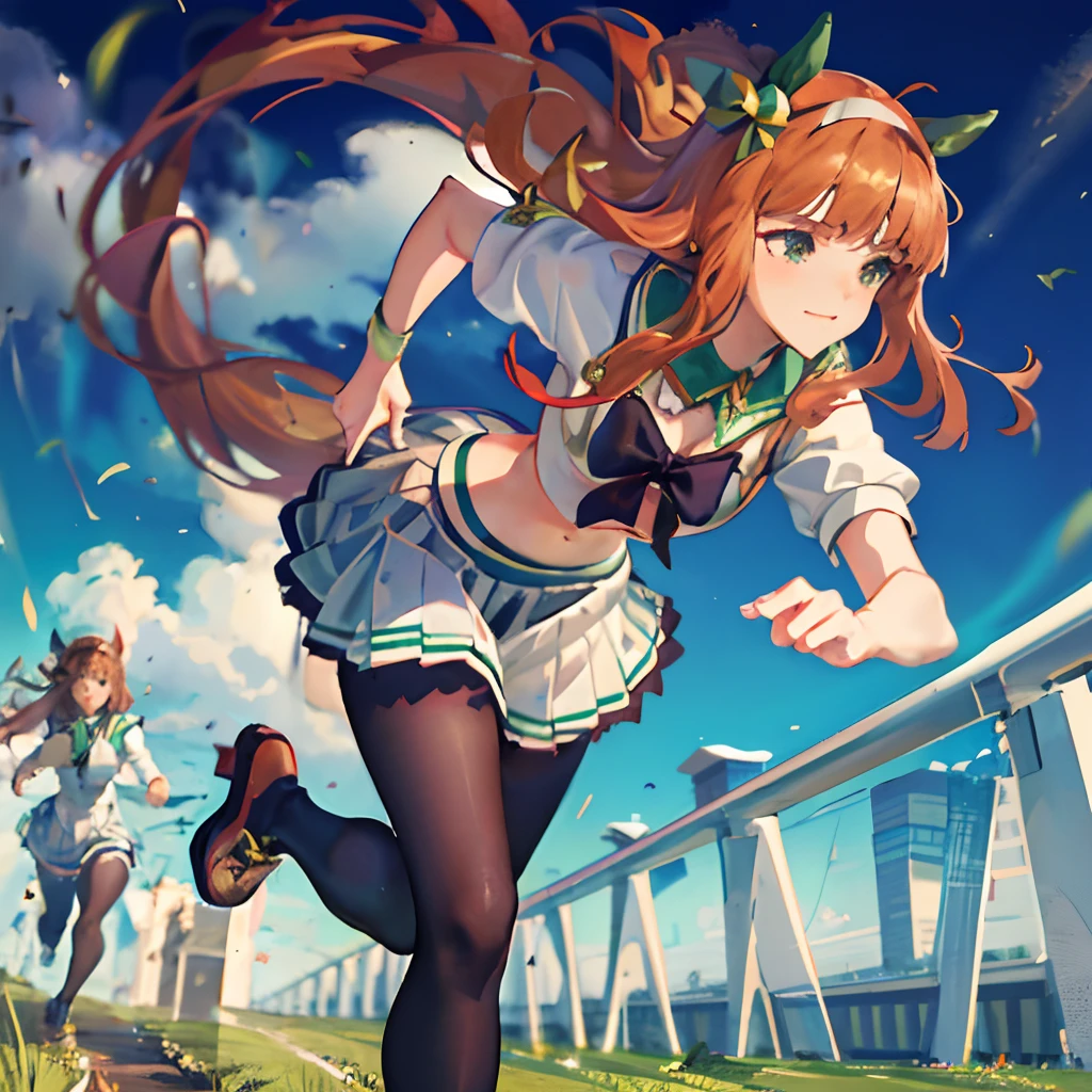 Masterpiece, Best Quality,  close up, face shot,
silence suzuka \(umamusume\),, white skirt, pleated skirt, black tights, white bra with patches, black bow, running, Loose grass, heel, Butt view, full length, Srusy