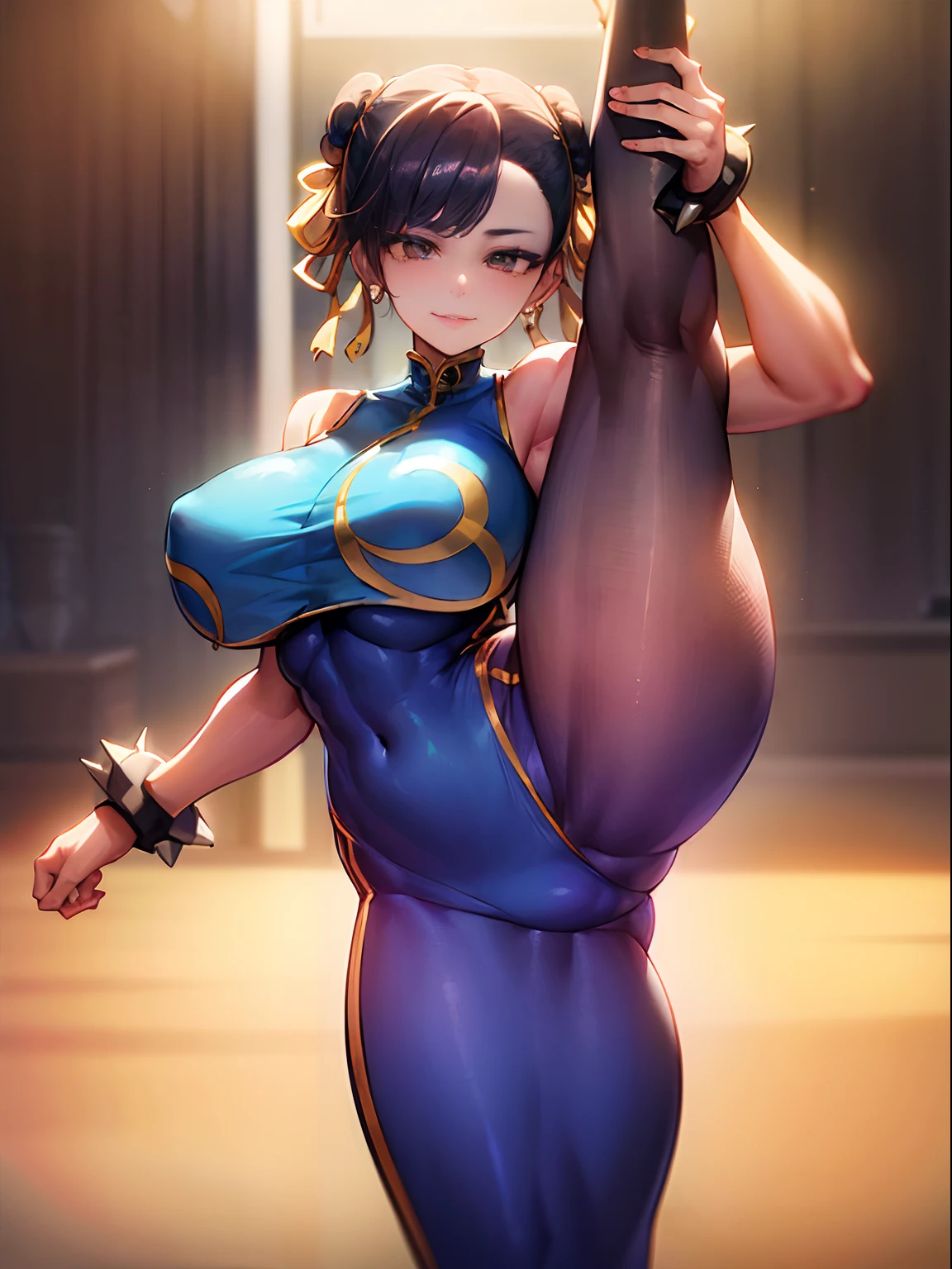 (masterpiece, best quality:1.4), (standing on one leg:1.2), (standing split:1.3), 1girl, solo, sfa chun, blue vest, unitard, blue pants, skintight, yellow ribbon, short hair, sneakers, bare shoulders, looking at viewer, beautifull smile, beautiful face, highly detailed face, highly detailed eyes, subsurface scattering, realistic pupils, full face blush, full lips, detailed background, depth of field, volumetric lighting, sharp focus, absurdres, realistic proportions, 16k hdr, fullbody, hand holding one leg up, street fighter, musclar, abs