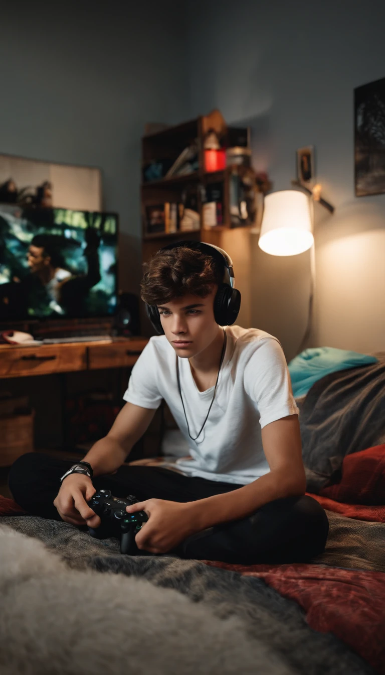 Jeune homme 16 ans, playing video games in his room. Sa chambre est rempli de poster de sport et de rappeur