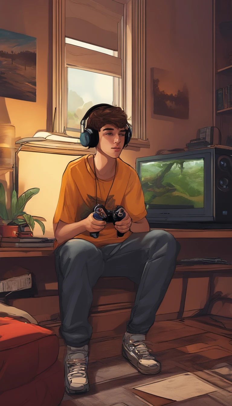 Jeune homme 16 ans, playing video games in his room. Sa chambre est rempli de poster de sport et de rappeur