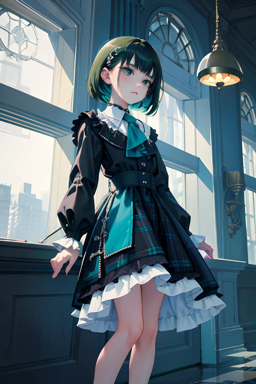 Standing,Knees,Curtsey,lift up one's skirt,(child:1.4),(masterpiece,Highest Quality),(Blue-green goth spank,Burberry Plaid),Sleepy face,A dark-haired,swimming pools