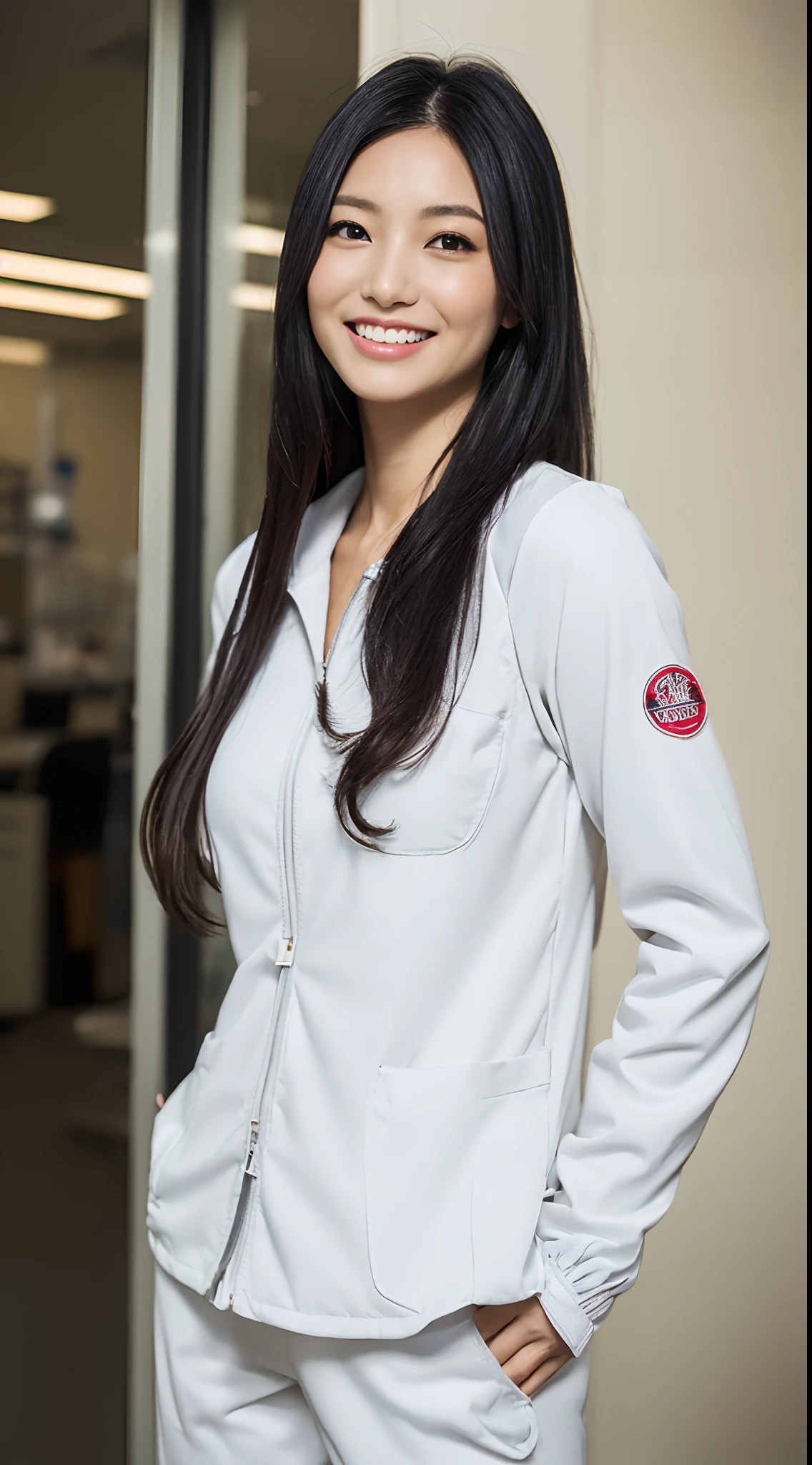 masutepiece, Best Quality, 超A high resolution,(photographrealistic:1.4) (depth of fields),(Lens Glow) , jaket:1.5、Inside the office:1.5、a Pretty Japanese woman1a person:1.5、(Workwear Pants:1.5)、turned around、(White workwear:1.5)、posterior view、Shy smile