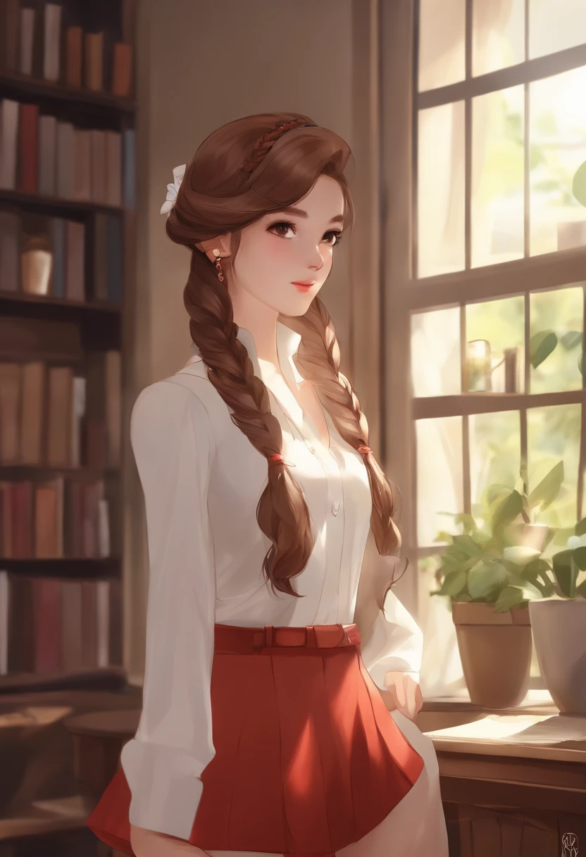 (masterpiece:1.3), (best quality:1.3),indoors,bookshelf,window,solo,1girl, reisalin_stout, upper body, standing,brown hair, brown eyes, solo, hairclip, earrings, jewelry, short_hair, white_headwear, hat, hair_ornament, brown_gloves, necklace, short_shorts, x hair ornament, red shorts, braid,