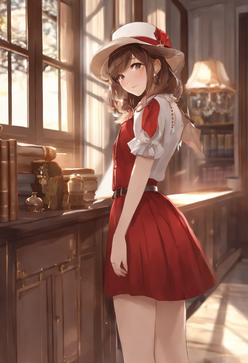 (masterpiece:1.3), (best quality:1.3),indoors,bookshelf,window,solo,1girl, reisalin_stout, upper body, standing,brown hair, brown eyes, solo, hairclip, earrings, jewelry, short_hair, white_headwear, hat, hair_ornament, brown_gloves, necklace, short_shorts, x hair ornament, red shorts, braid,