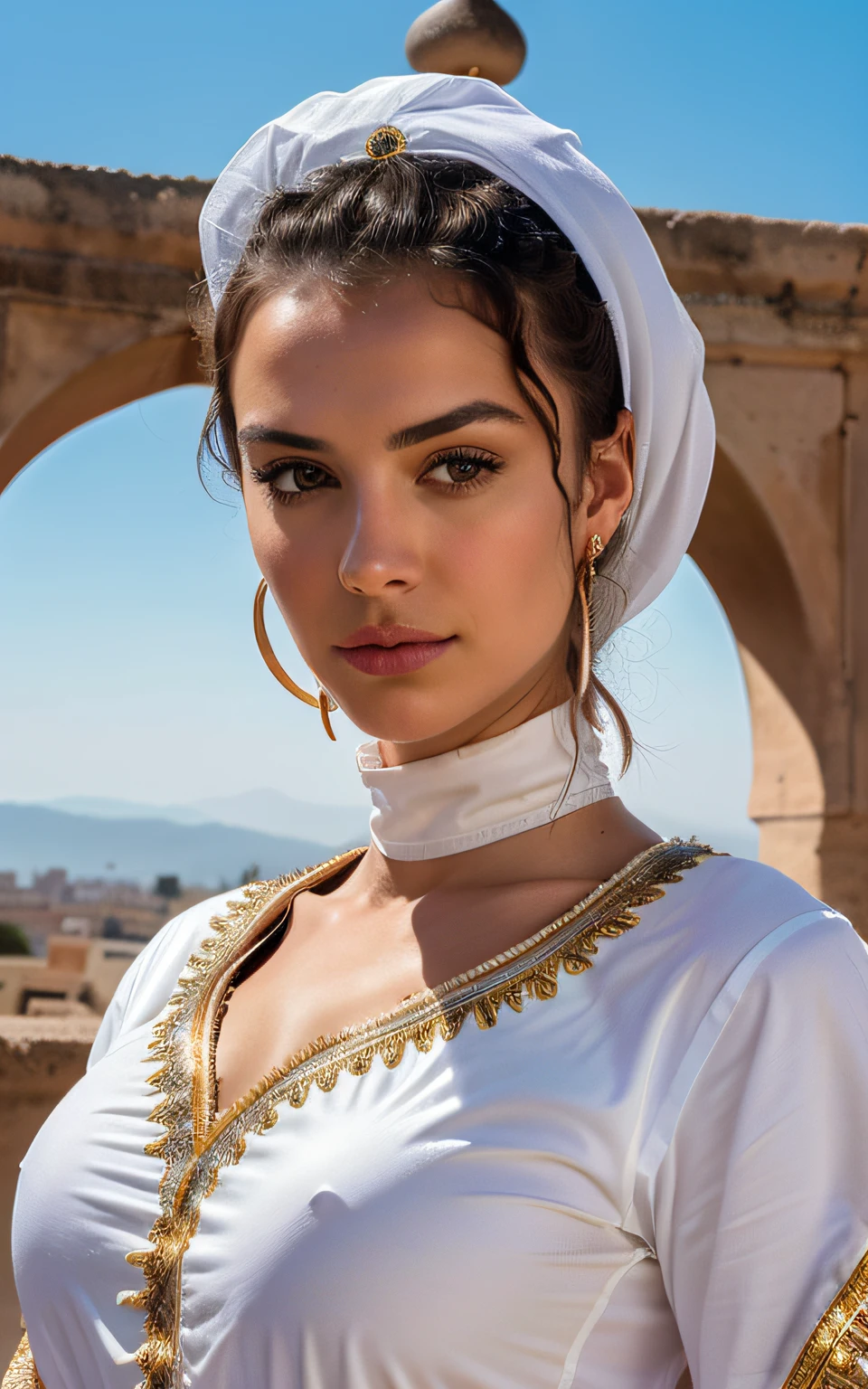 Une fille, costume marocain , corps entier, soleil, visage clair, Fond blanc propre, Masterpiece, super detail, Epic composition, ultra HD, High quality, Extremely detailed, Art officiel, 8K uniform wallpaper, super detail, 32K