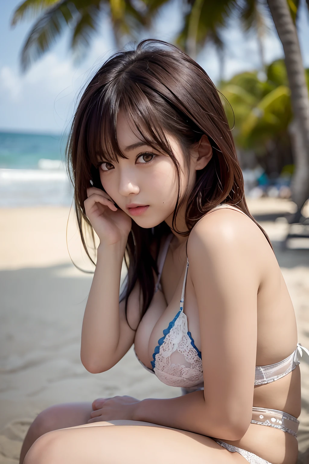 masutepiece, Best Quality, One girl, (Beautiful Girl:1.3), (18 years old:1.3), Very fine eye definition, (Symmetrical eyes:1.3), (Beach, Sit on the sand:1.2), Beautiful breasts, Brown eyes, Parted bangs, Brown hair