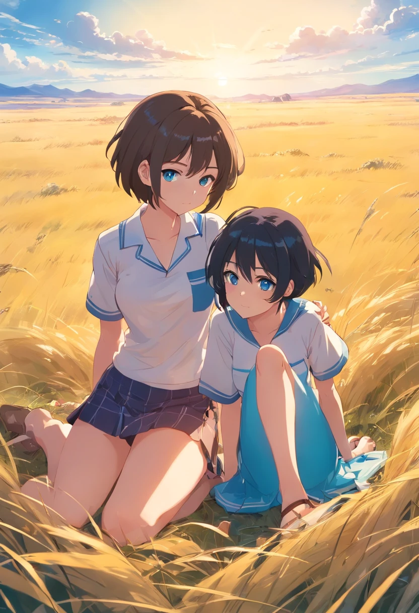 girls,18yr old,with short black hair,Turquoise blue eyes,moderately sized breasts,Transparent white mini-short top,did not wear underwear,Transparent white miniskirt,revealing her belly,exposing thighs,Lie on your back,Lying in the yellow barren grass,Spread your legs,On the steppe,Two lions lay on top of her