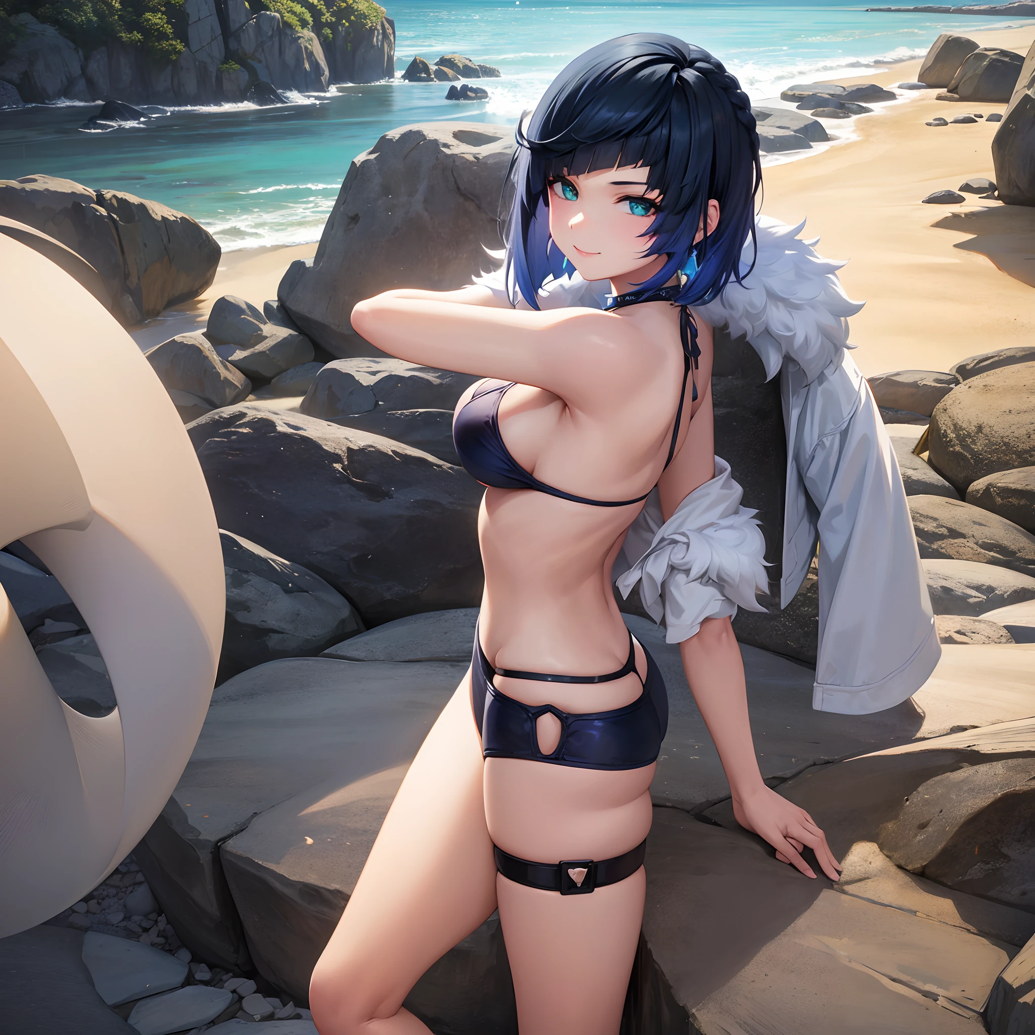 Yelan, standing, short blue hair, smiling face, in a bikini, breasts, perfect body, 8k, highres, masterpiece, most beautiful artwork in the world, trending on artstation, Pixiv, beach enviornment, modelling pose, striking a sensual pose, natural lighting