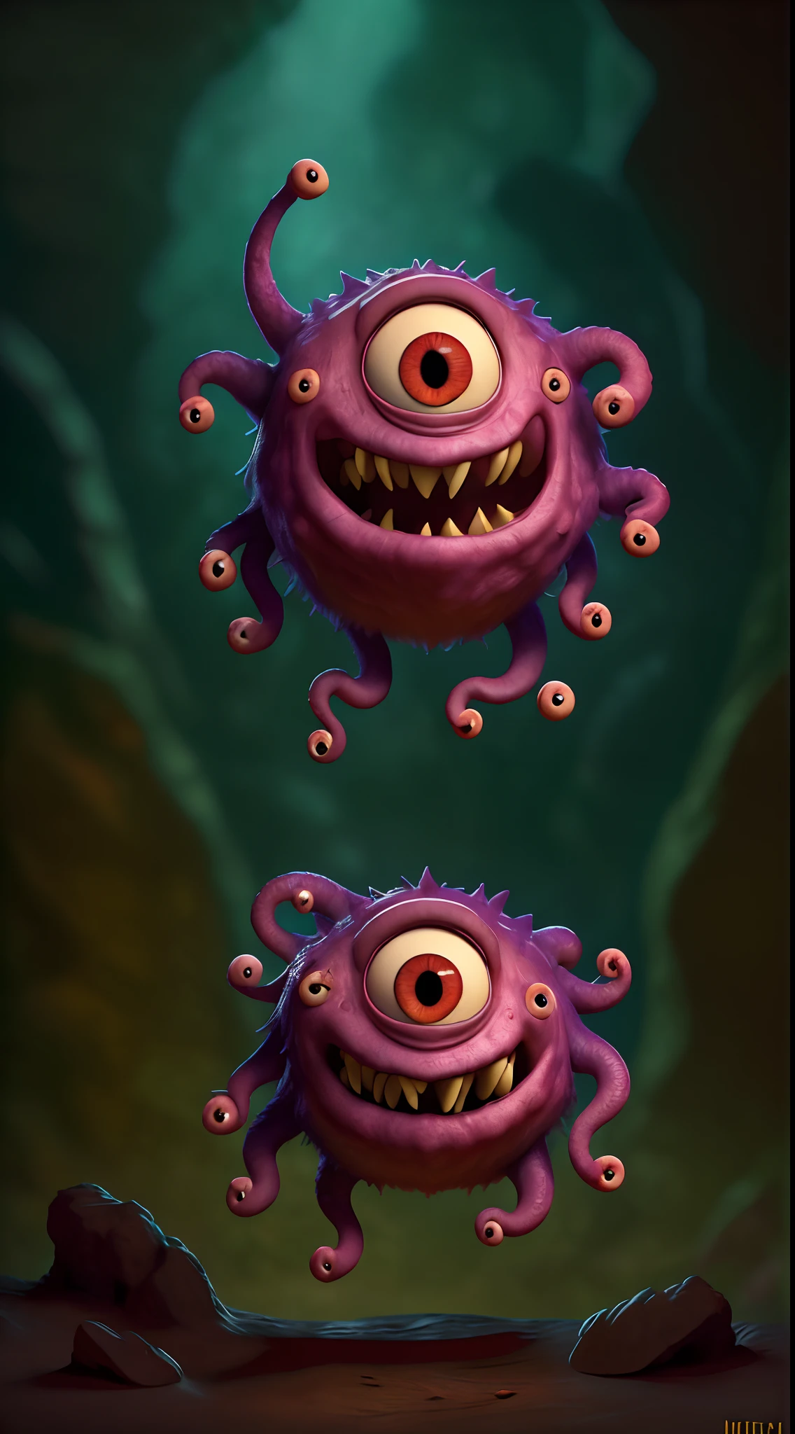 masterpiece, best quality, a beholder in a (dark cave), soft dim lighting,realistic, teeth, monster, extra eyes, tentacles,, dimly lit, dancing in the air with monster minions, extremely detailed, high resolution, best quality, color realistic, vivid), 8 minions dancing in the air, gathering with friends, sitting in a classic char, admiring the scenery , extraterrestrial creatures, photography, on terrain, nebula sky, ((best silhouette)), best quality