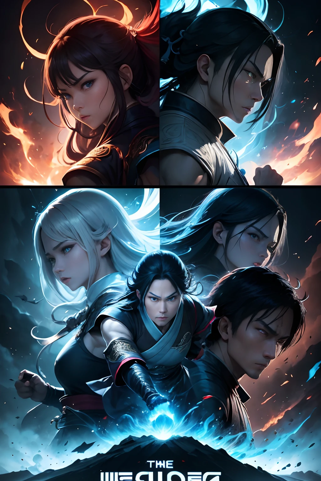 《The Legend of the Blue Dragon》cinematic ligh,Created by Huang Yulang,The facial features of the characters are clear,The eyes are grim,Blue-white tuned tunic,With a sword in hand, Cold light flashes,It shows the clear lines of the film。Multiplayer fighting action,Vivid lighting,Vivid colors。lightand shade contrast。