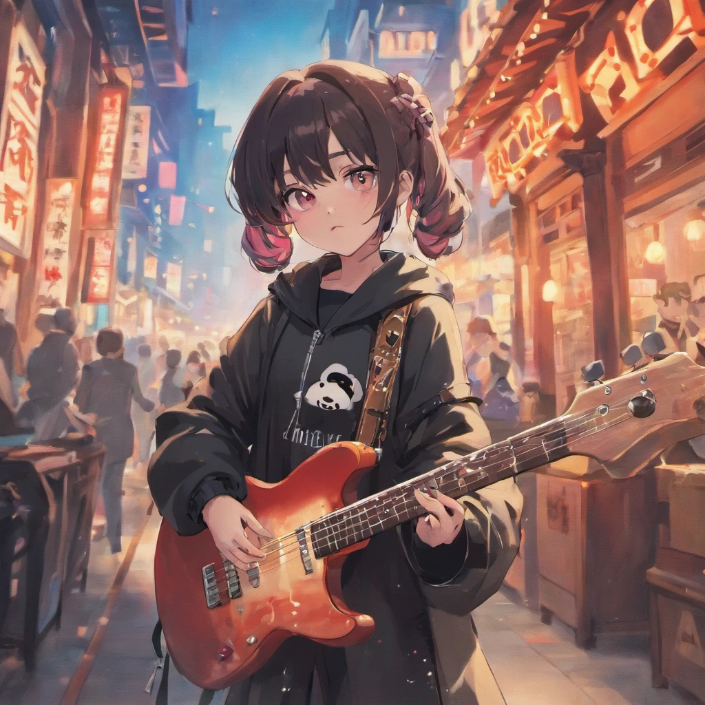 (masterpiece, best quality), panda, playing guitar, looking at viewer, blurry foreground, full body, various pose, ((intricate, print, pattern)), rock n roll outfit,