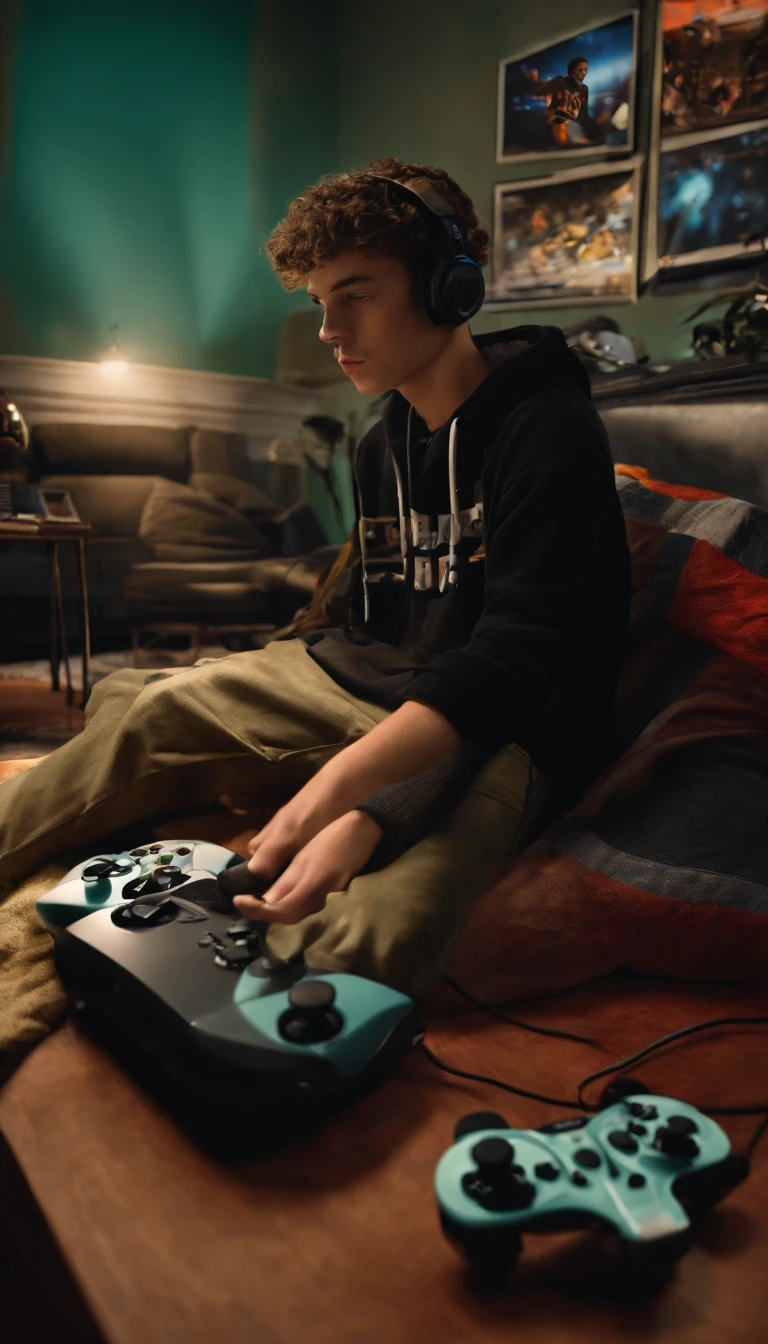  man 16 yeistic, playing video games in his room. Sa chambre est rempli de poster de sport et de rappeur