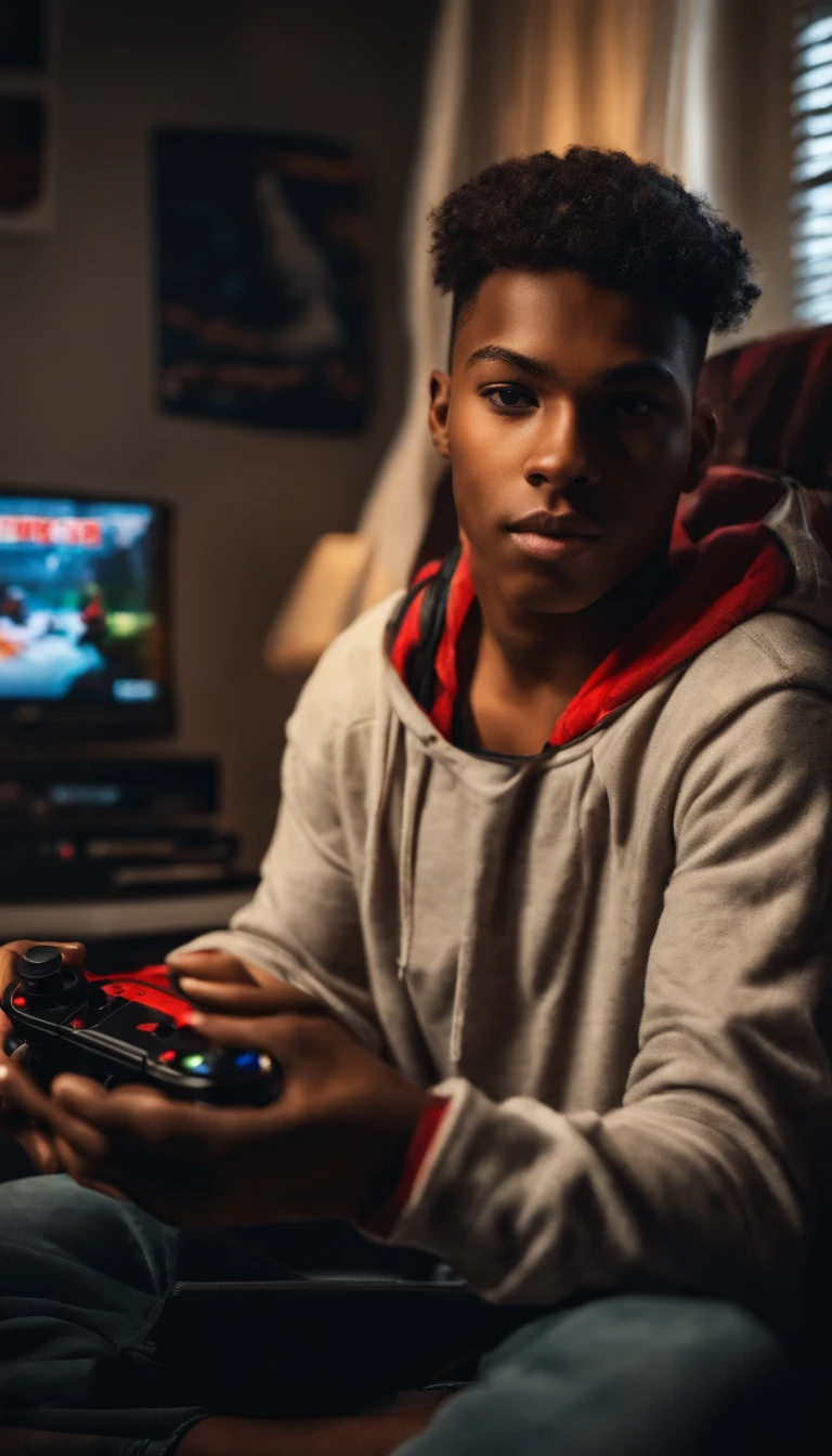Young man realistic, playing video games in his room. Sa chambre est rempli de poster de sport et de rappeur
