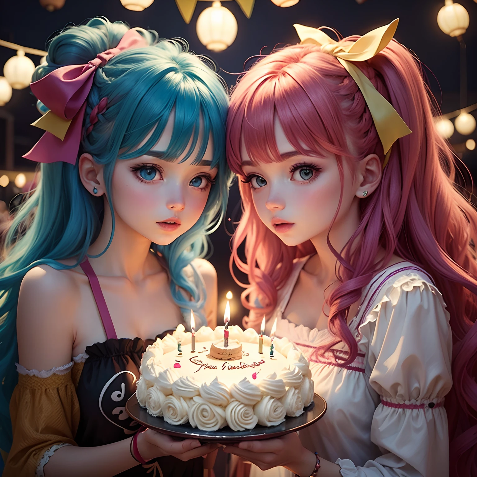 colourful hair　Graphic twin women　a cake　Colorful lights　candles　bow ribbon