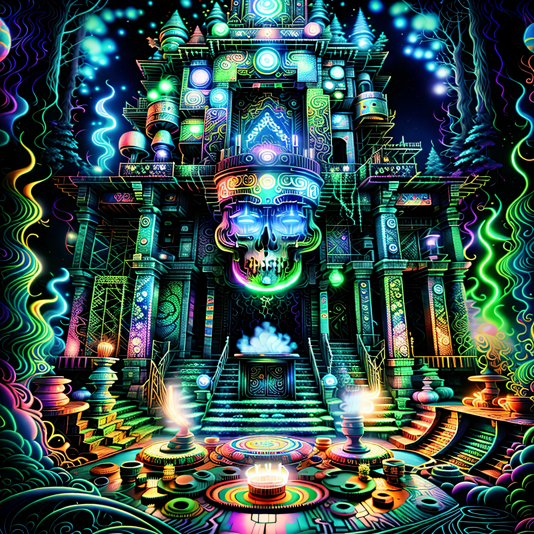 psychedelic art, Mais detalhes, alta cor, 4k, 50mm camera, brilhos, Leds, neon light, epica, shamanica