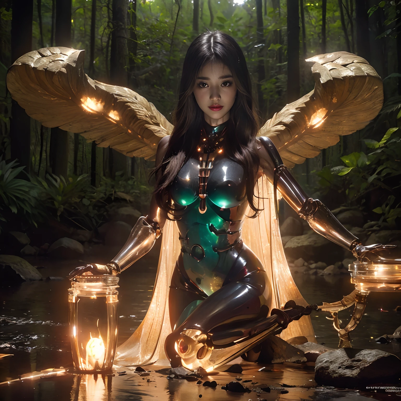 (Wearing a Devil's Bodysuit)、top-quality、​masterpiece、超A high resolution、(Photorealsitic:1.4)、Raw photo、女の子1人、Fight mutants、glowy skin、(((1 Mechanical Girl)))、With a beautiful knife、（Green Metal Bodysuit）、（Fight fiercely against aliens）、Fight fiercely、(beautiful forest background)、(Fighting Demonic Beasts)、(Small LED)、((super realistic details))、portlate、(Strong giant demon beast background),globalillumination、Shadow、octan render、8K、ultrasharp、Colossal tits、Raw skin is exposed in cleavage、metals、Details of complex ornaments、Japan details、highly intricate detail、Realistic light、(Mystical expression),CGSoation Trends、Red Eyes、radiant eyes、Facing the camera、neon details、(Mechanical limbs)、(blood vessels connected to tubes)、Mechanical vertebrae attached to the back、mechanical cervical attaching to neck、(Wires and cables connecting to the head)、Gundam、Small LED、,Mechanical thighs、Toostock、（Hands are also made of machines）、（Attack of the Monster Beasts）、（Wounded in a deadly battle）、