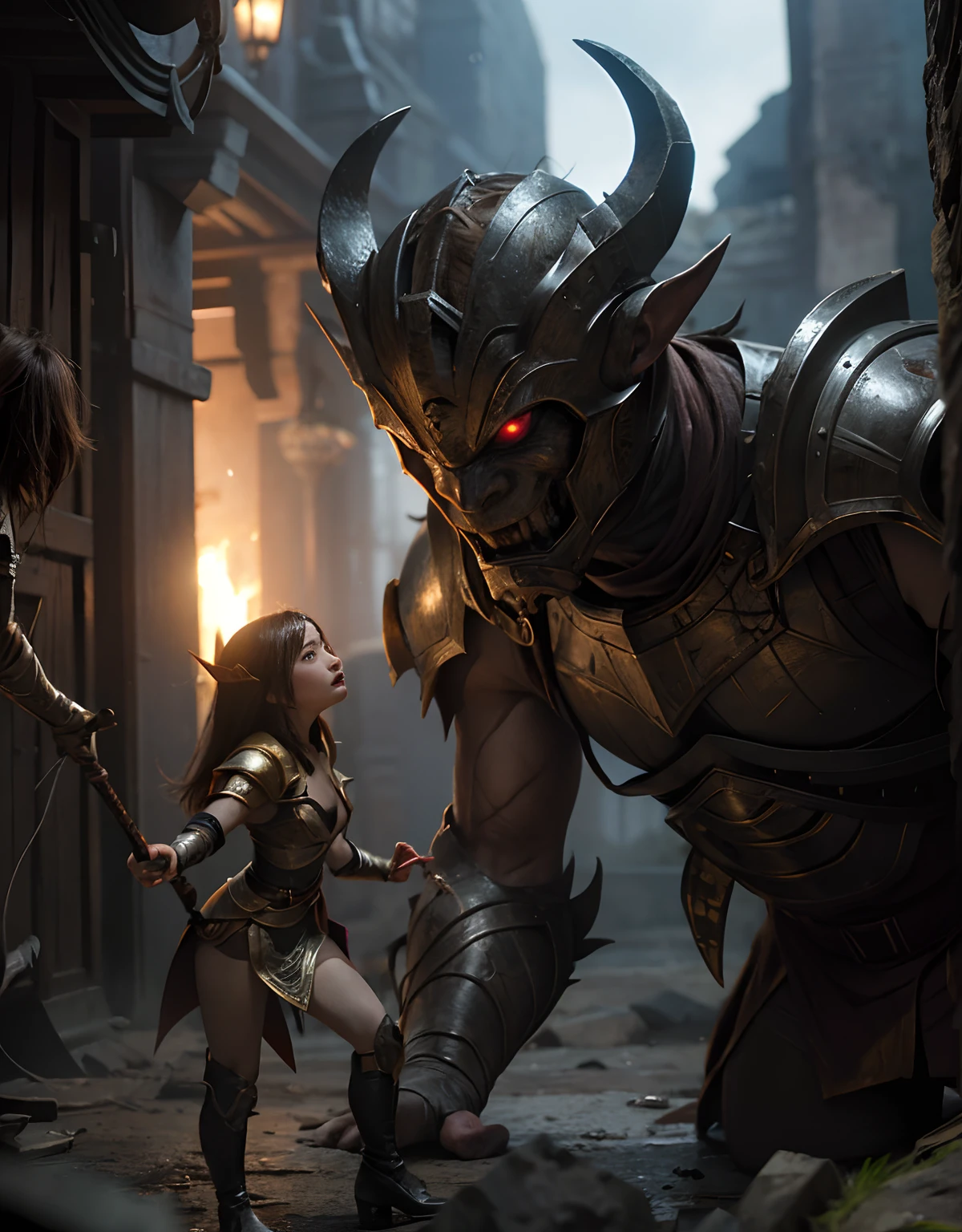 (One Knight Girl)、top-quality、masterpiece、超A high resolution、(Photorealsitic:1.4)、Raw photo、女の子1人、(Wear the Dark Knight's Armor)、glowy skin、(((Dark Fantasy)))、With a beautiful sword and shield、(Gorgeous Gold Metal Bodysuit)、(Fight goblins、ogre、Fierce battle with orcs),()、Fight fiercely、(Background of decaying dungeon ruins)、(Ultimate Beauty)、(Detailed knight's helmet)、(Fighting Demonic Beasts)、(Small LED)、((super realistic details))、portlate、(Strong giant demon beast background),globalillumination、Shadow、octan render、8K、ultrasharp、Colossal tits、Raw skin is exposed in cleavage、metals、Details of complex ornaments、Japan details、highly intricate detail、Realistic light、(Mystical expression),CGSoation Trends、Red Eyes、radiant eyes、Facing the camera)、Gundam、Small LED、Toostock、()、(Attack of the Monster Beasts)、(Wounded in a deadly battle)、