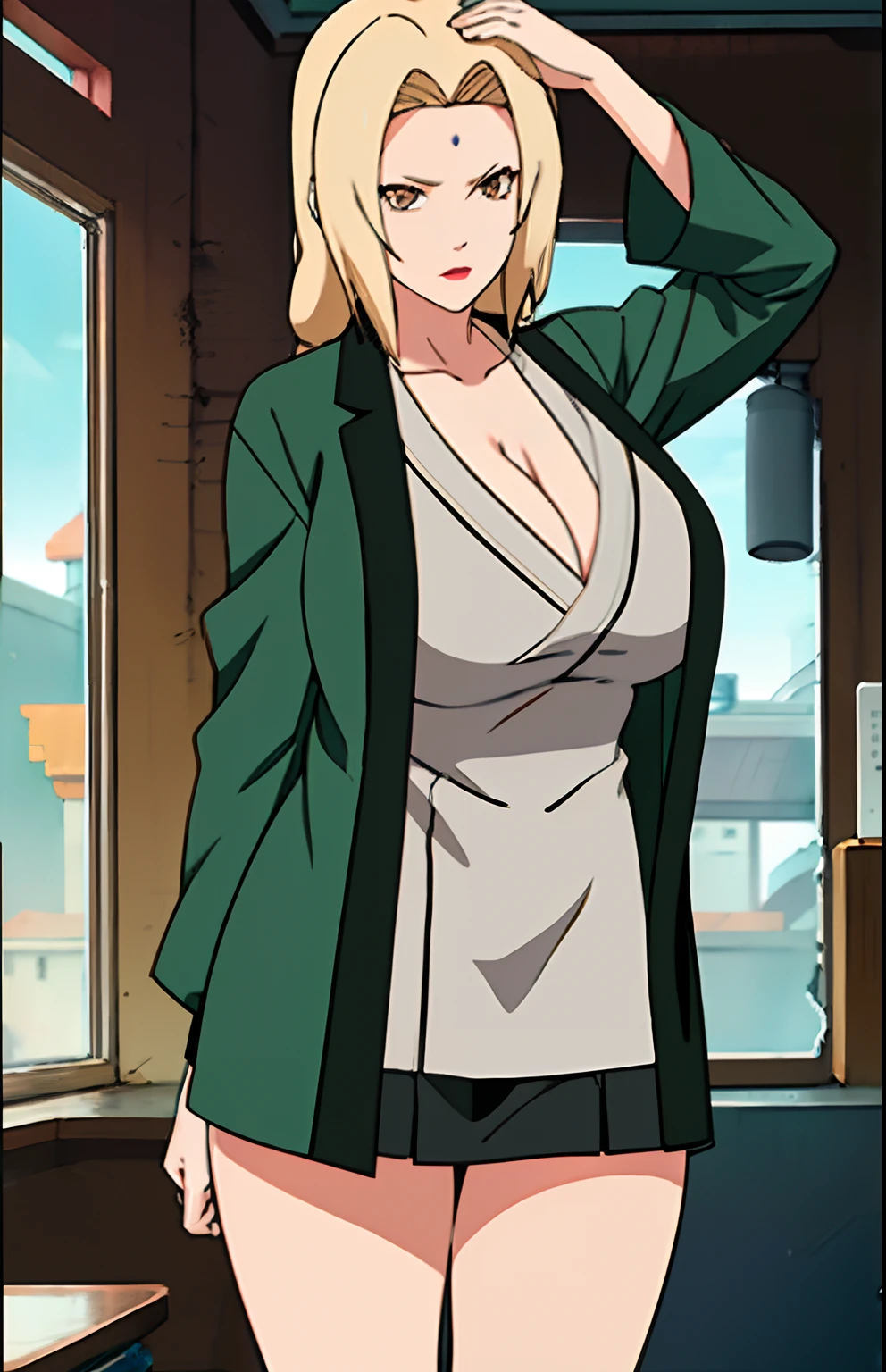 Big tits), (), (), black tight skirt, (white lab coat),  fullbody, cleavage, good anatomy, masterpiece, best quality, 4k, 8k, professional photography, soft light, sharp focus, 1 girl, blonde hair, at classroom, blonde hair, parted banks, detailed face+brown eyes, open lips, lipstick, upperbody