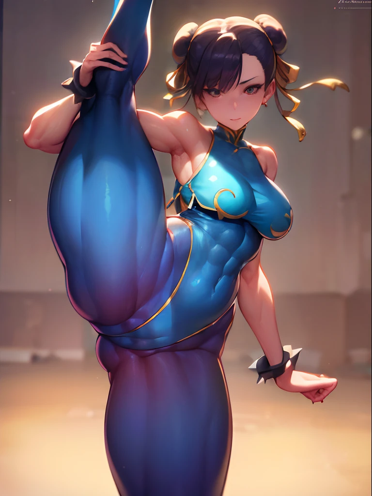 (masterpiece, best quality:1.4), (standing on one leg:1.2), (standing split:1.3), 1girl, solo, sfa chun, blue vest, unitard, blue pants, skintight, yellow ribbon, short hair, sneakers, bare shoulders, looking at viewer, beautifull smile, beautiful face, highly detailed face, highly detailed eyes, subsurface scattering, realistic pupils, full face blush, full lips, detailed background, depth of field, volumetric lighting, sharp focus, absurdres, realistic proportions, 16k hdr, fullbody, hand holding one leg up, street fighter, musclar, abs, flexible, gym, toned, musclar legs, detailed legs, detailed body