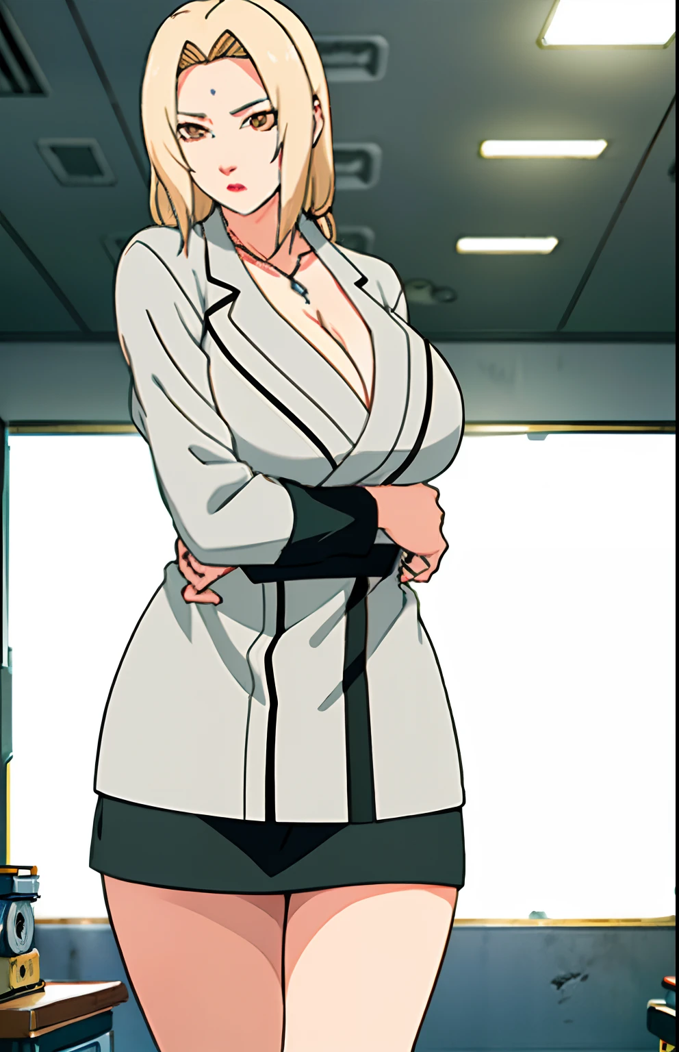 Big tits), (), (), black tight skirt, (white lab coat),  fullbody, cleavage, good anatomy, masterpiece, best quality, 4k, 8k, professional photography, soft light, sharp focus, 1 girl, blonde hair, at classroom, blonde hair, parted banks, detailed face+brown eyes, open lips, lipstick, upperbody