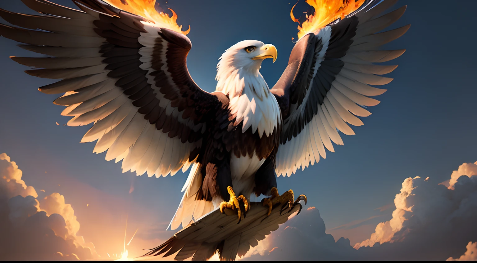 An eagle whose wings are on fire.