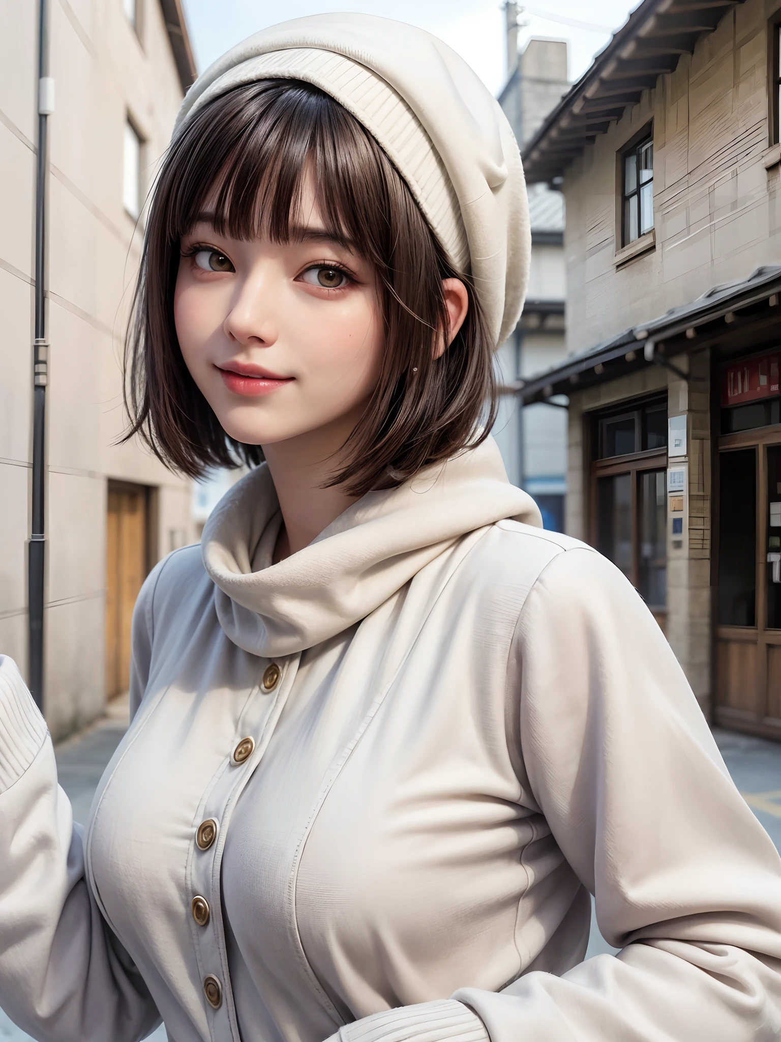 (masterpiece, top-quality),1girl in, 独奏, A dark-haired, scarf, Hats,, realisitic, looking at the viewers, black eyes of light color, shorth hair, coat, Winter clothes, White headscarf, s lips, lipgloss,bangss,, a closed mouth, The upper part of the body、big eye、Lashes、((Street))、((Shorthair with bangs、big eye、Put very strong highlights in your students、very Bigger breasts、gazing at viewer、Very beautiful beauty、Put your ears out、long neck、little smiling、Close your mouth and smile)))、