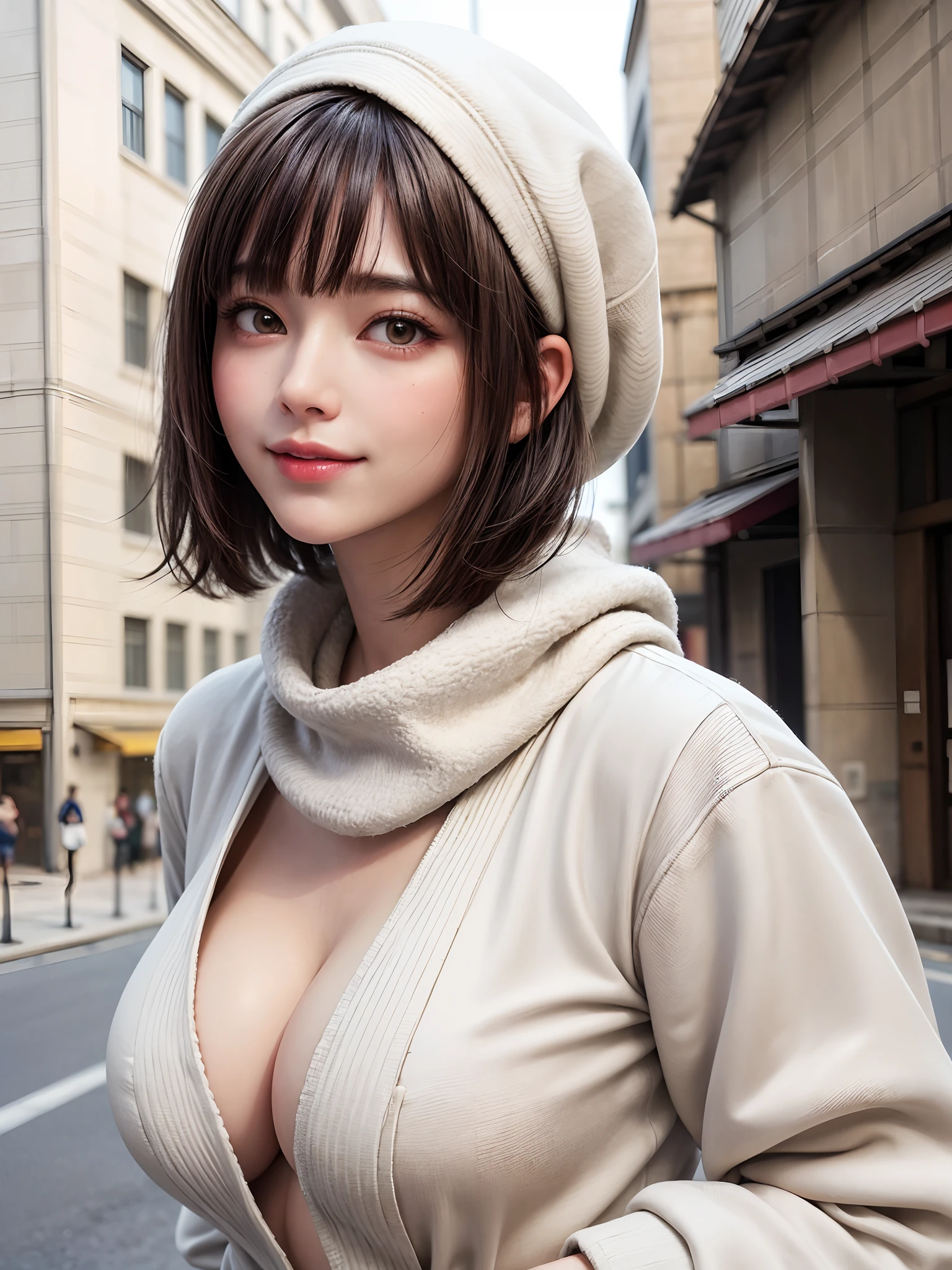 (masterpiece, top-quality),1girl in, 独奏, A dark-haired, scarf, Hats,, realisitic, looking at the viewers, black eyes of light color, shorth hair, coat, Winter clothes, White headscarf, s lips, lipgloss,bangss,, a closed mouth, The upper part of the body、big eye、Lashes、((Street))、((Shorthair with bangs、big eye、Put very strong highlights in your students、very Bigger 、gazing at viewer、Very beautiful beauty、Put your ears out、long neck、little smiling、Close your mouth and smile)))、